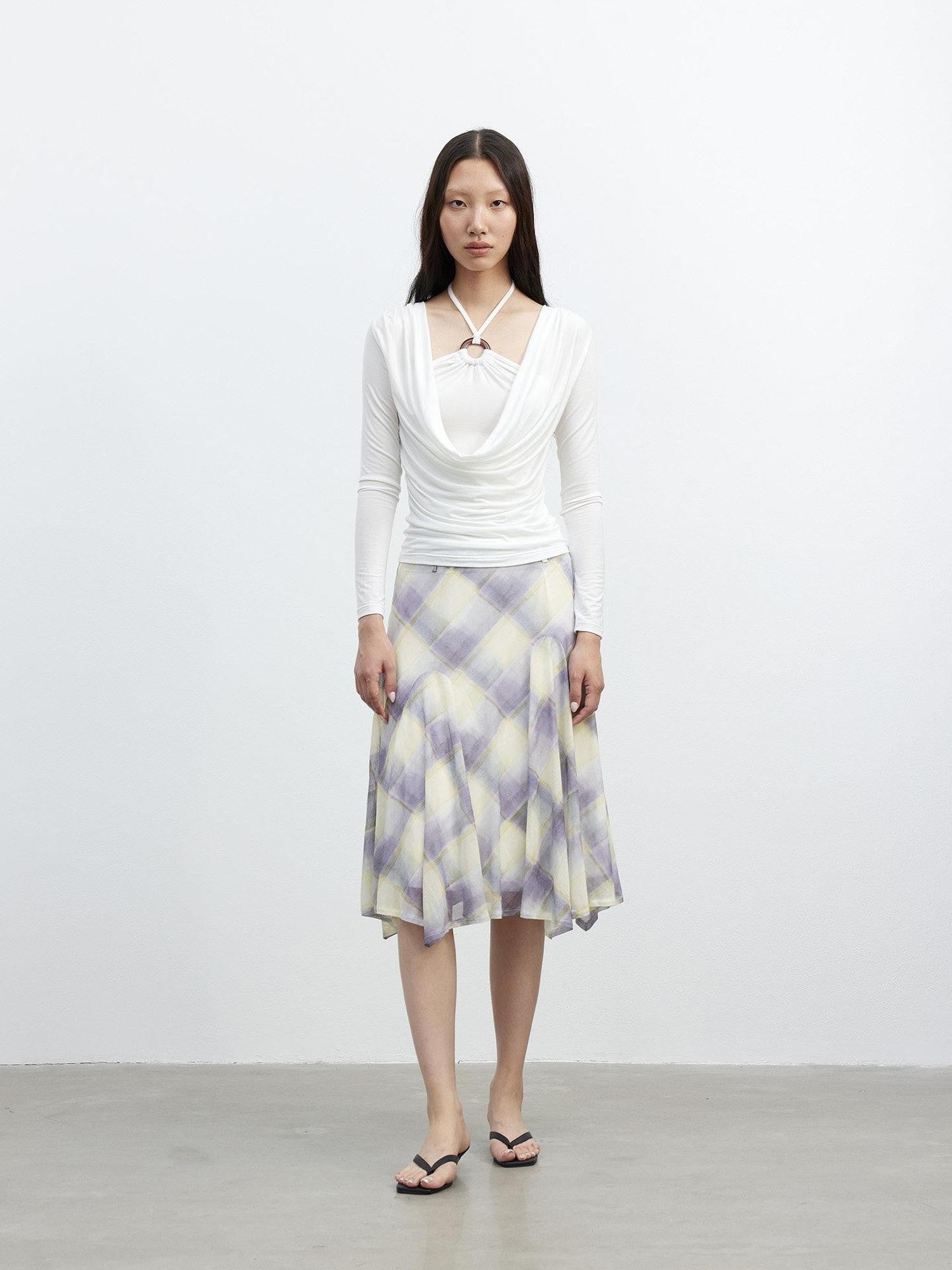 AFTADAWN Mesh Colorblock Check Asymmetric A Line Printed Women&