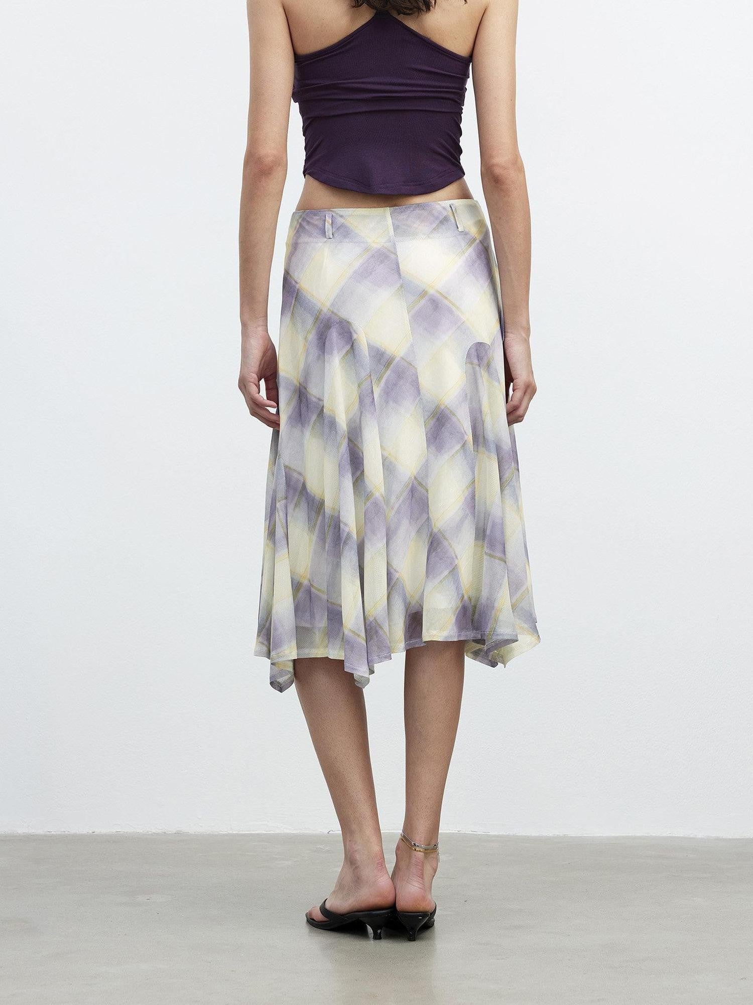 AFTADAWN Mesh Colorblock Check Asymmetric A Line Printed Women&