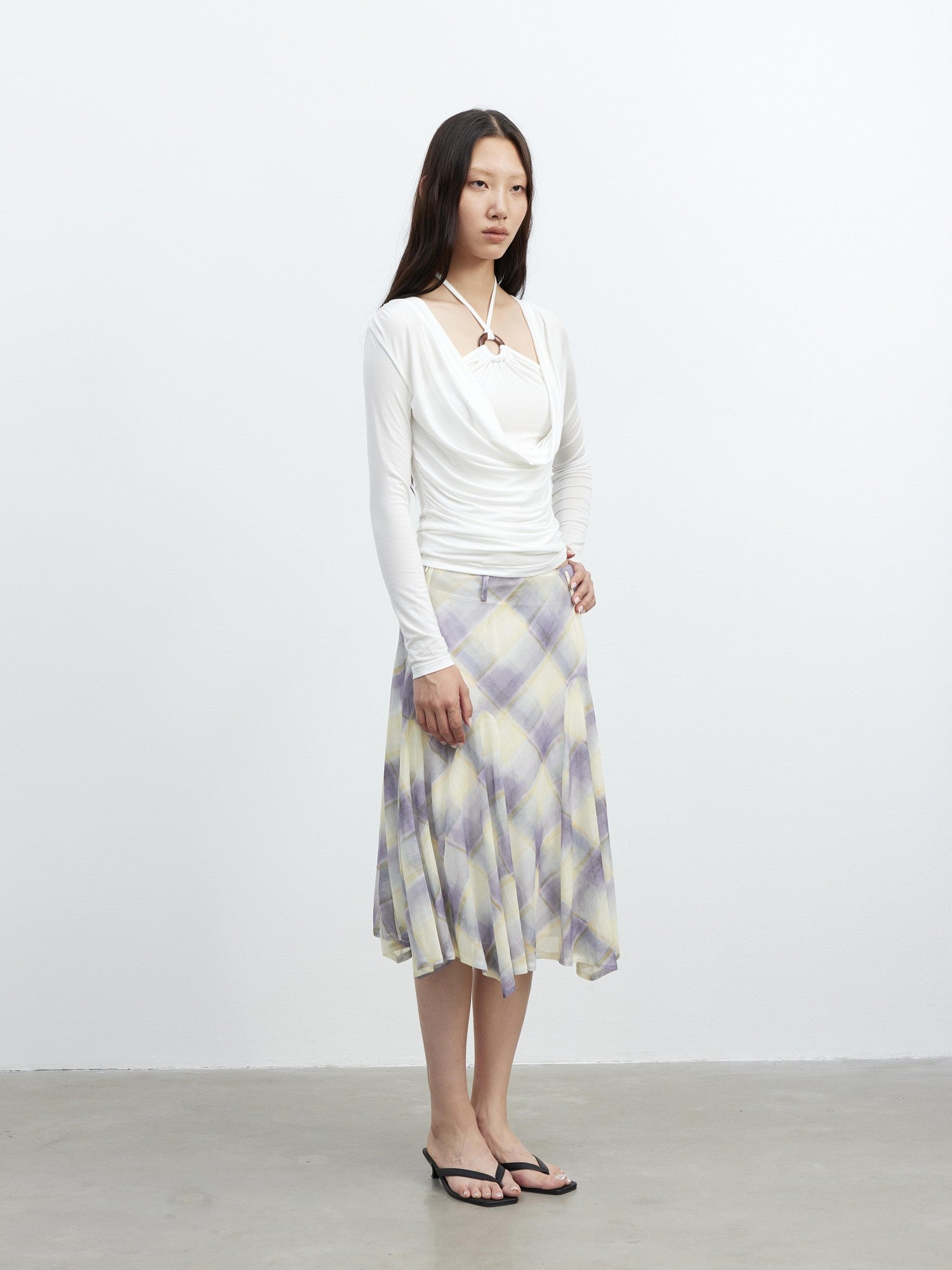 AFTADAWN Mesh Colorblock Check Asymmetric A Line Printed Women&