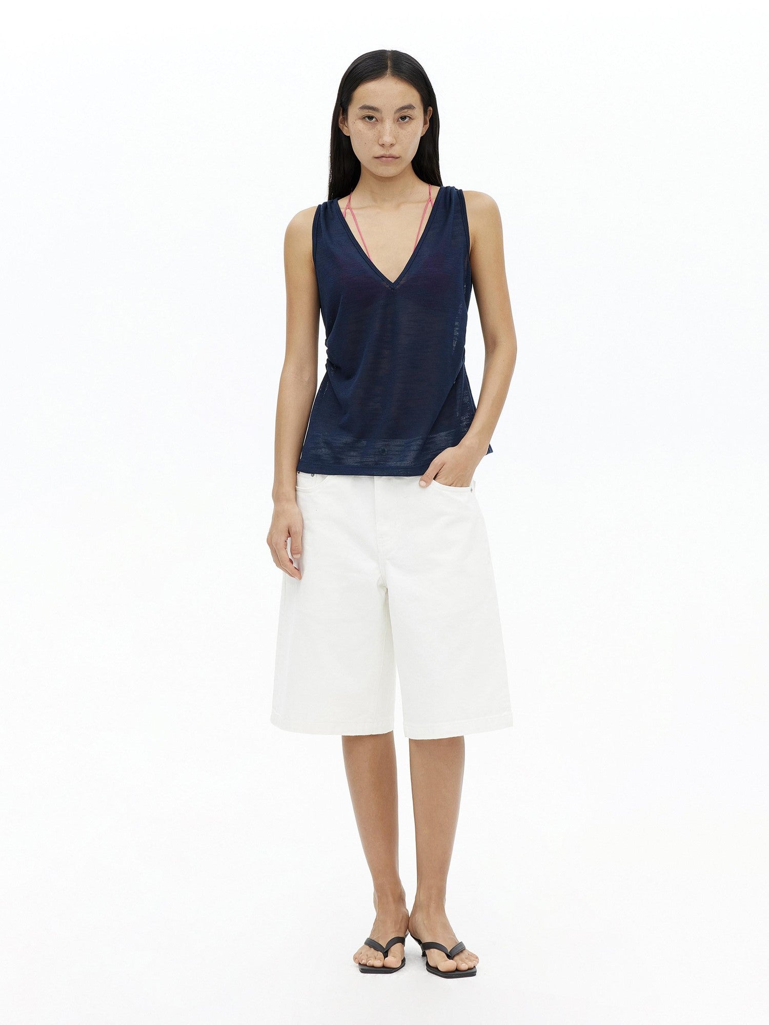 AFTADAWN Micro Sheer Hollow Knit Ruched Deep V Women&