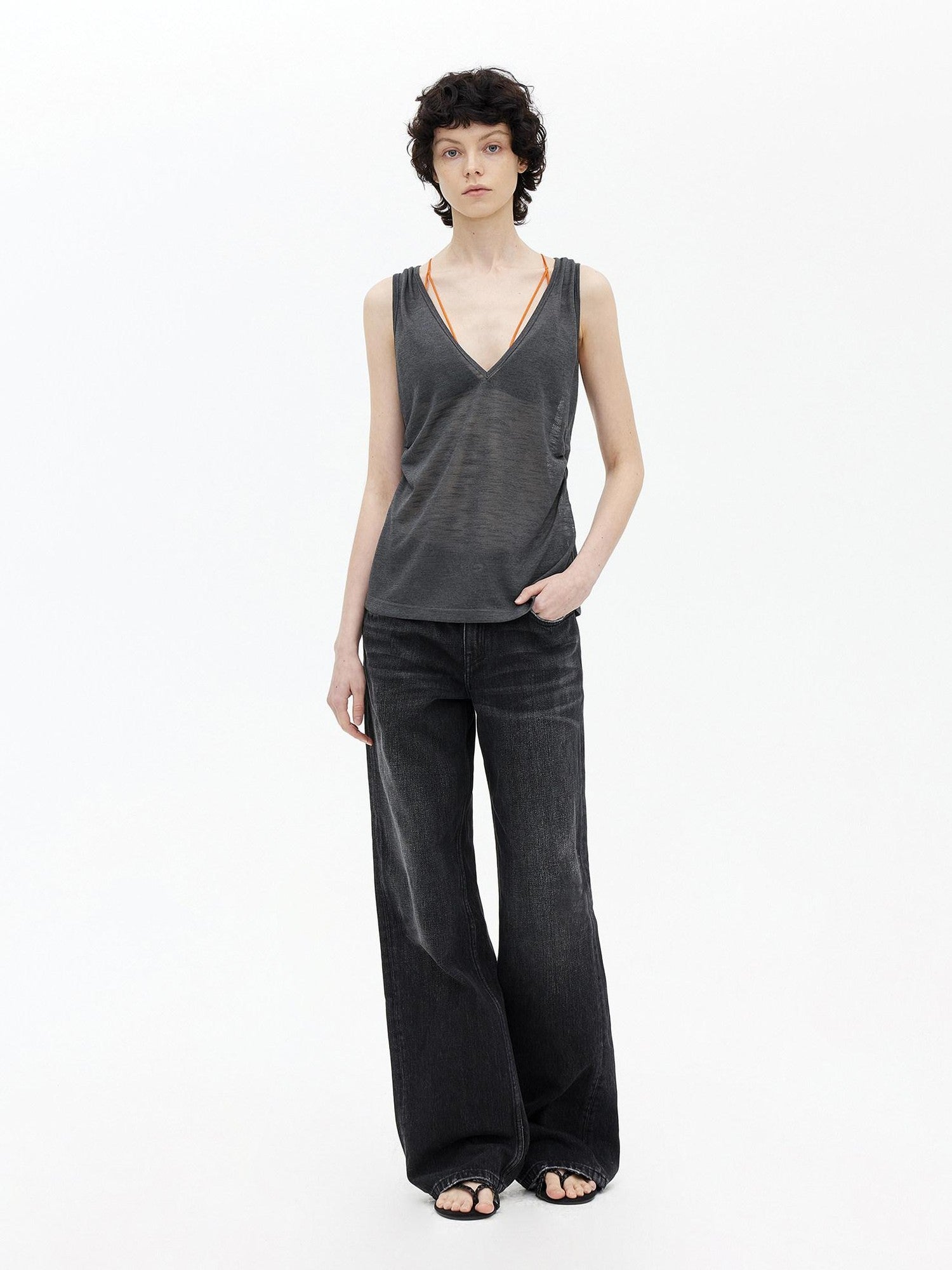 AFTADAWN Micro Sheer Hollow Knit Ruched Deep V Women&