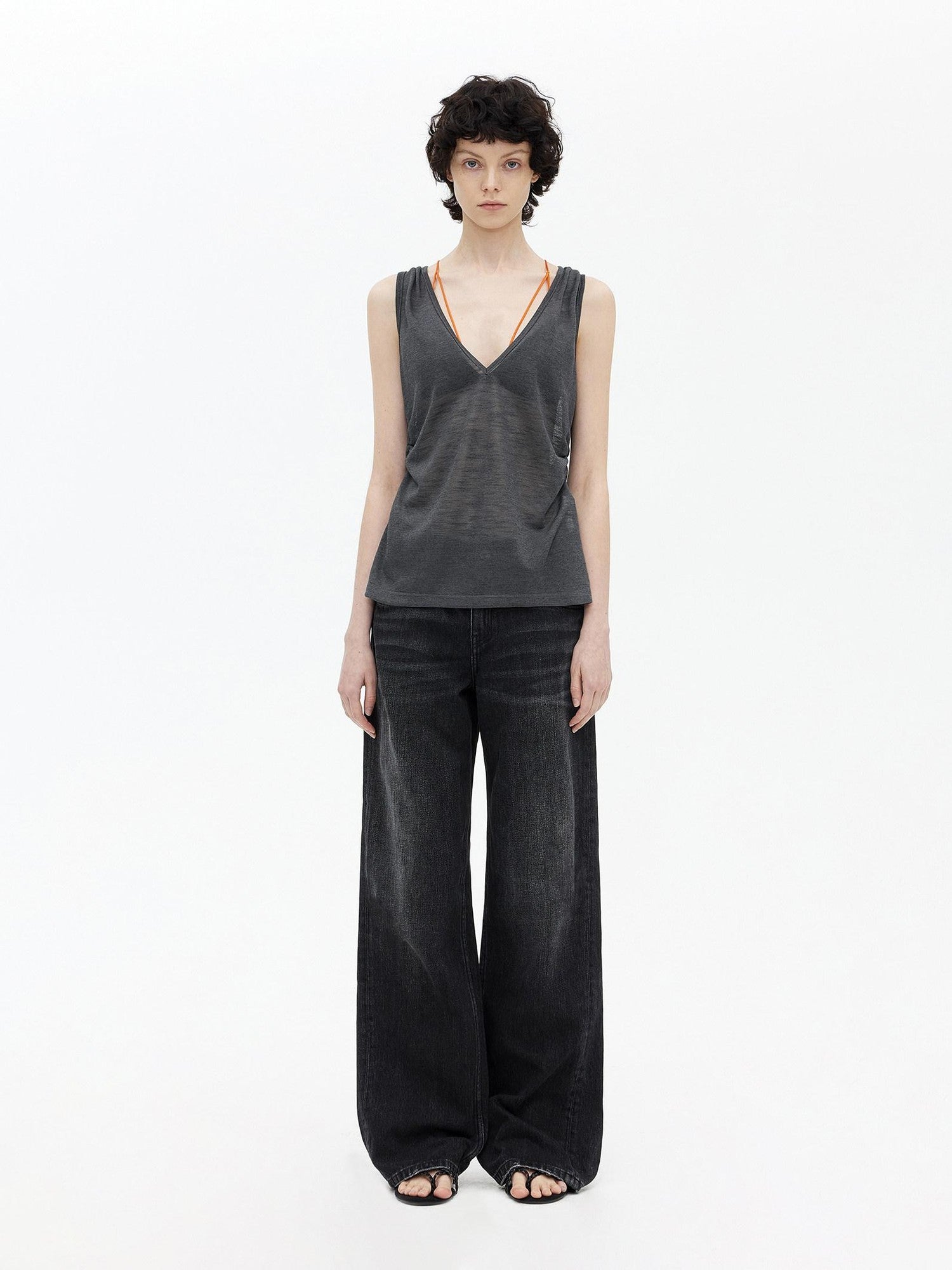 AFTADAWN Micro Sheer Hollow Knit Ruched Deep V Women&
