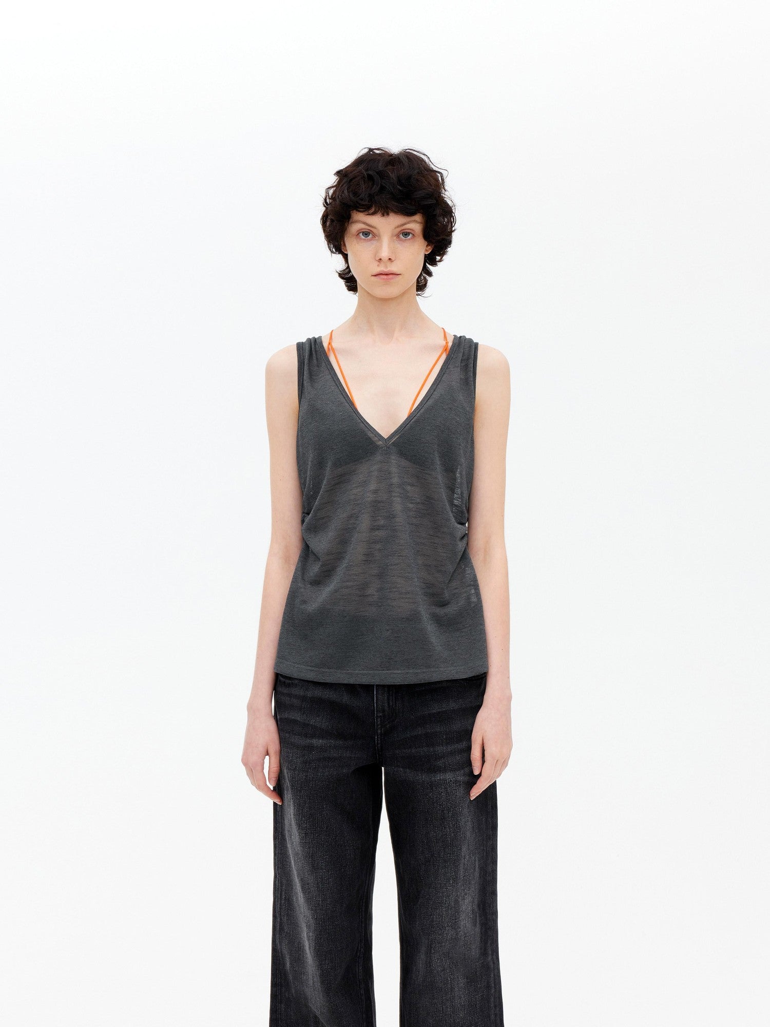 AFTADAWN Micro Sheer Hollow Knit Ruched Deep V Women&