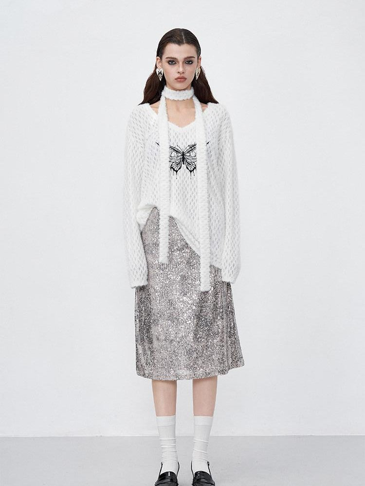 AFTADAWN Mink Fur Embroidered Butterfly Wing V-neck Women&