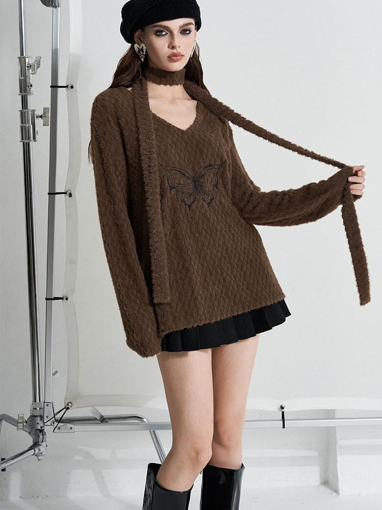 AFTADAWN Mink Fur Embroidered Butterfly Wing V-neck Women&