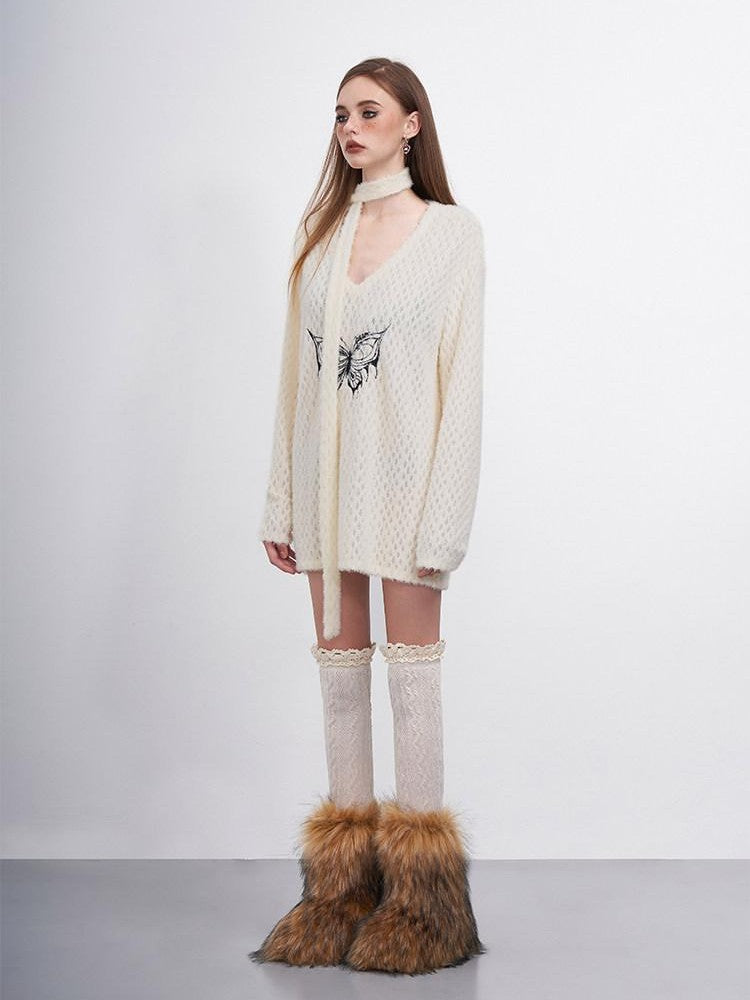 AFTADAWN Mink Fur Embroidered Butterfly Wing V-neck Women&