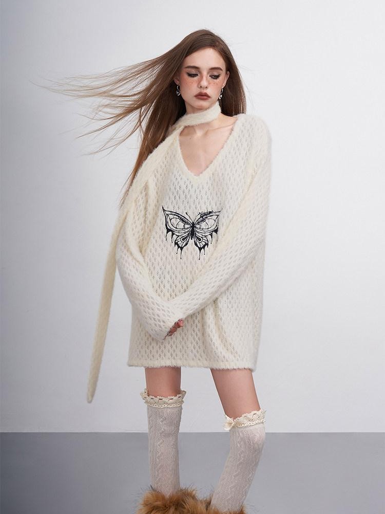 AFTADAWN Mink Fur Embroidered Butterfly Wing V-neck Women&
