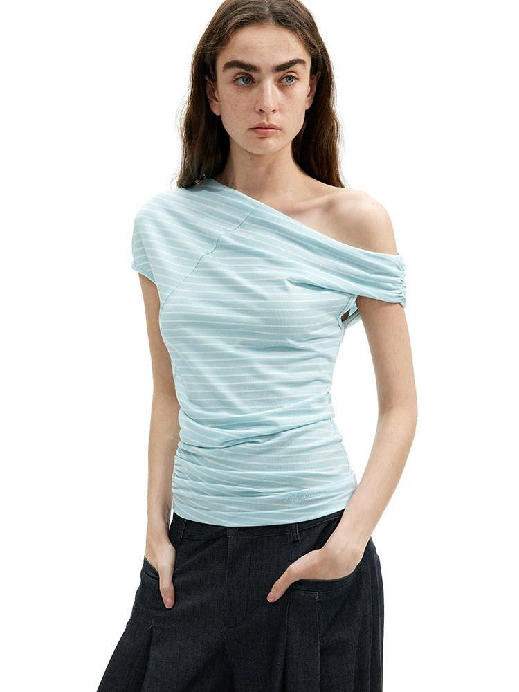 AFTADAWN Mint Striped Pleated Slanted Shoulder Women&