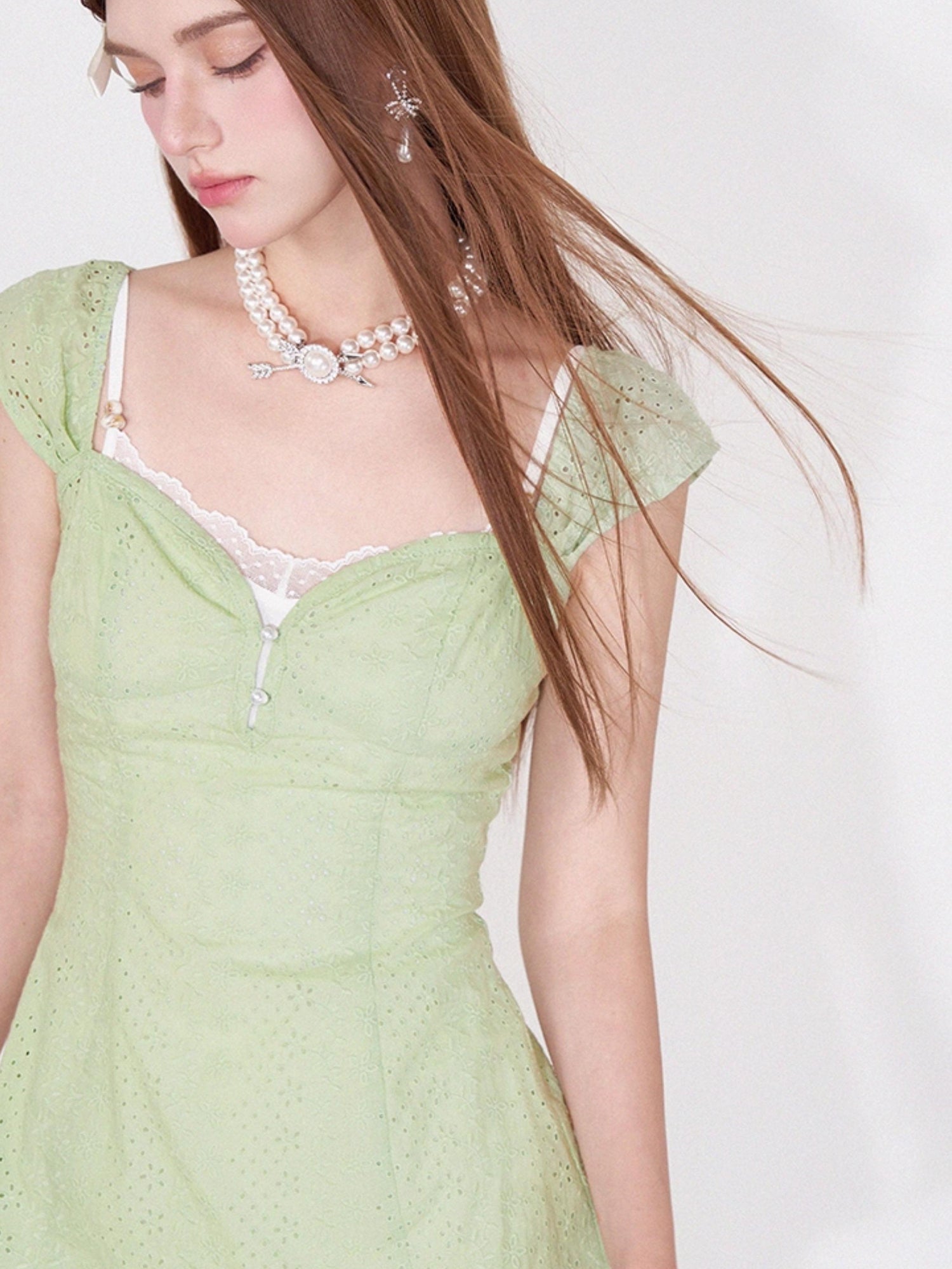 AFTADAWN Mint Summer Lace Hollow Floral Sundress Set