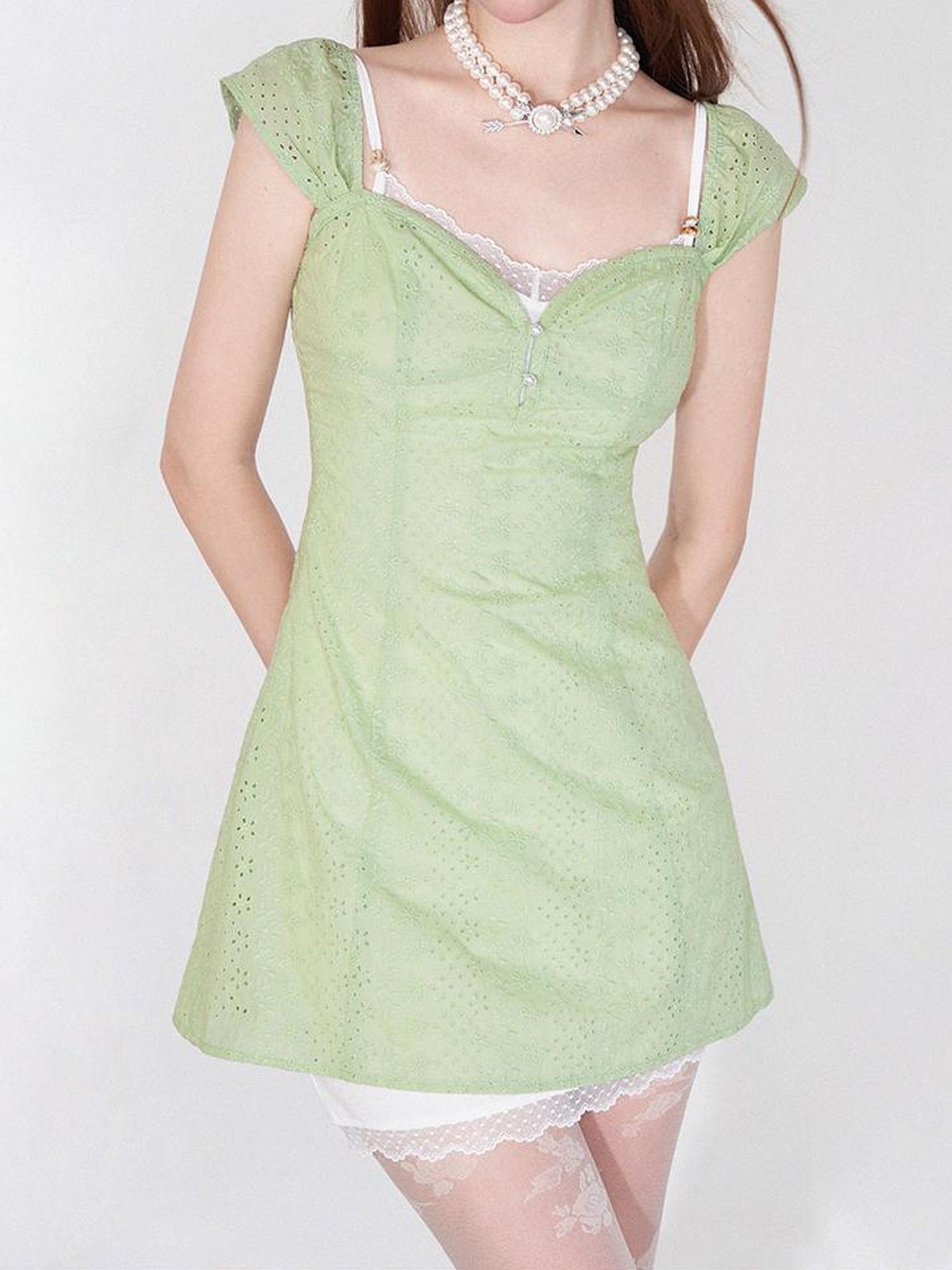 AFTADAWN Mint Summer Lace Hollow Floral Sundress Set