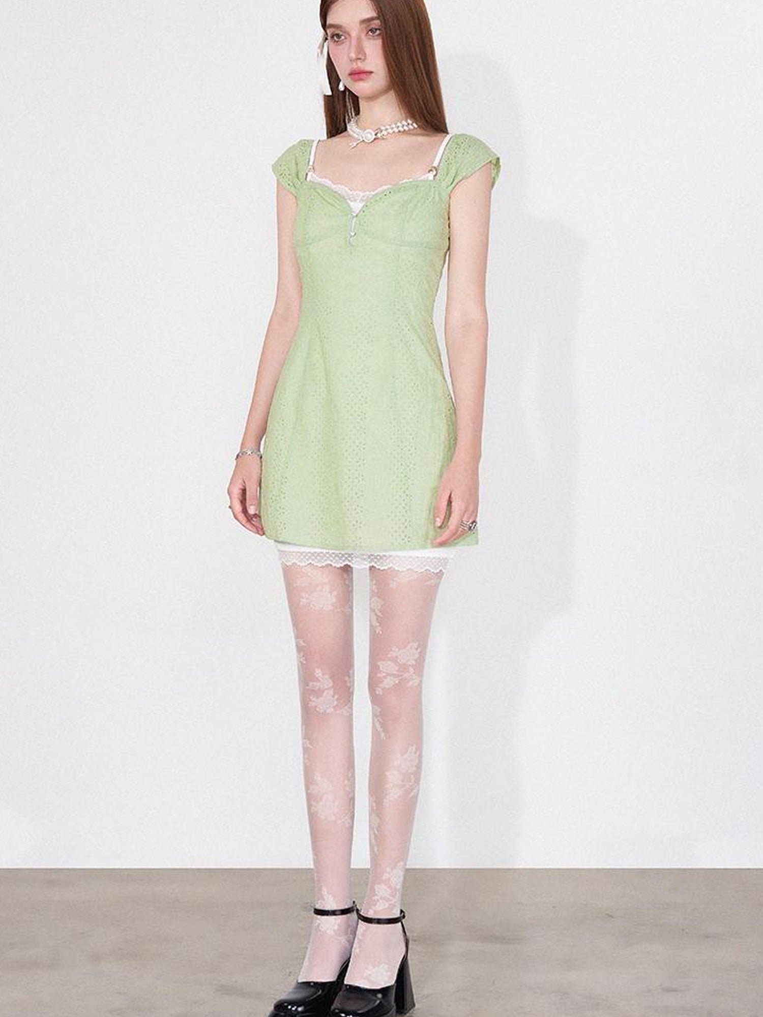 AFTADAWN Mint Summer Lace Hollow Floral Sundress Set