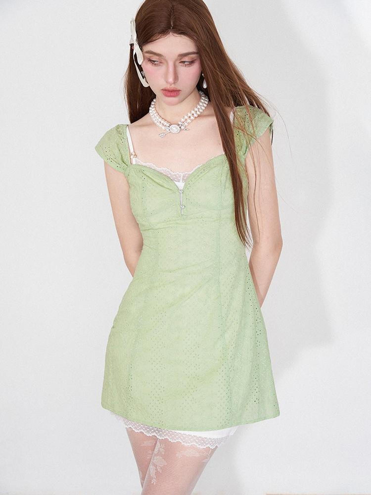 AFTADAWN Mint Summer Lace Hollow Floral Sundress Set