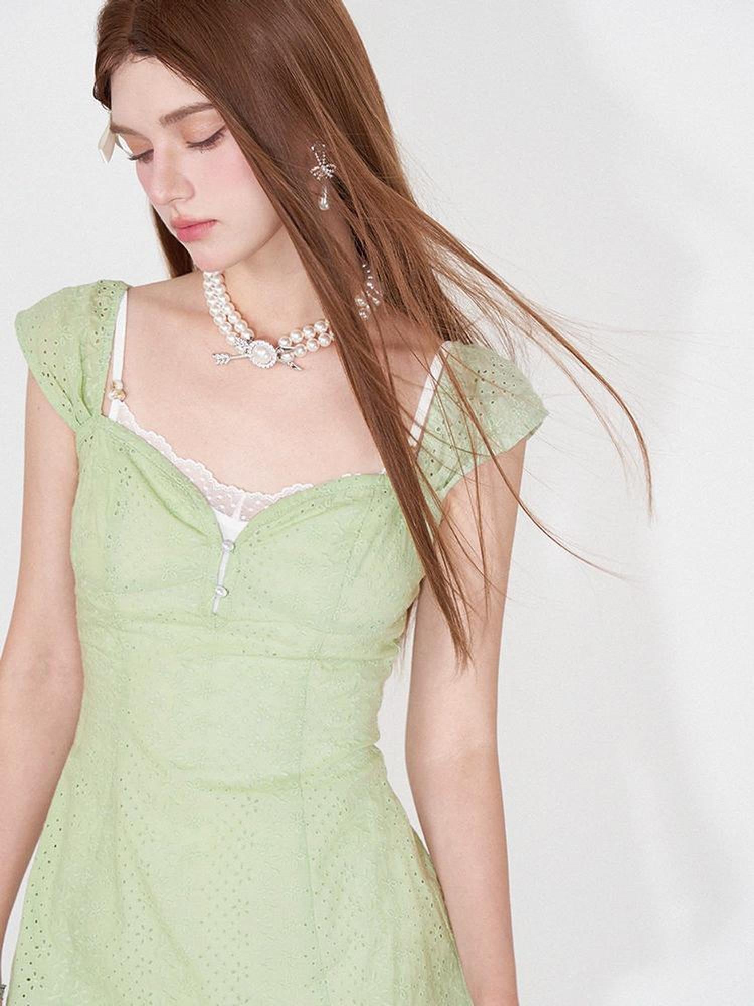 AFTADAWN Mint Summer Lace Hollow Floral Sundress Set