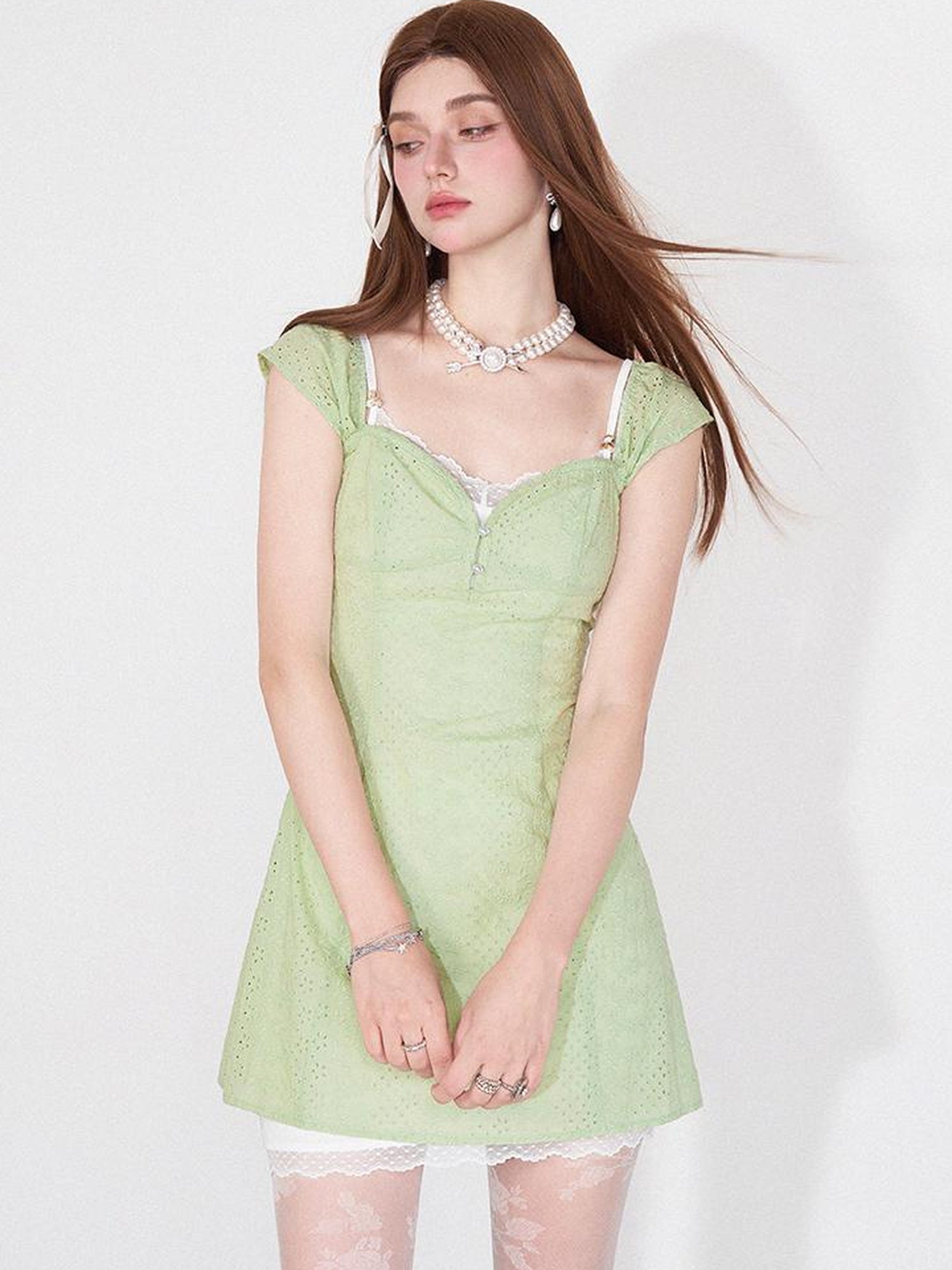 AFTADAWN Mint Summer Lace Hollow Floral Sundress Set