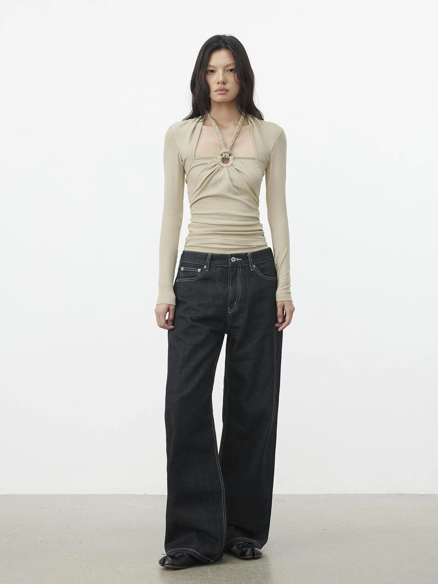 AFTADAWN Mock Neck Knit Top With Beaded Tie T-shirt