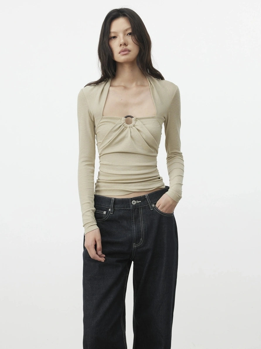 AFTADAWN Mock Neck Knit Top With Beaded Tie T-shirt