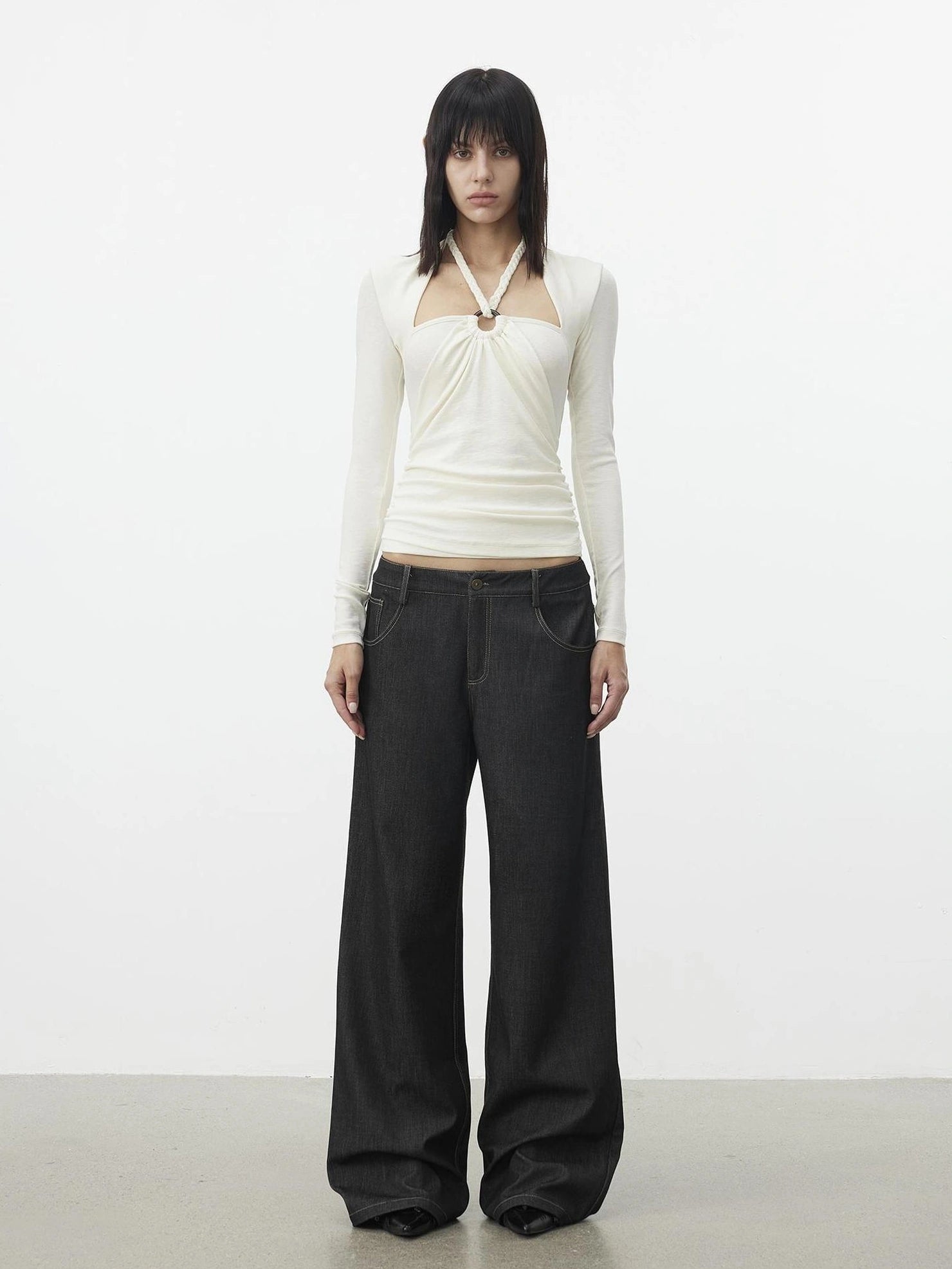 AFTADAWN Mock Neck Knit Top With Beaded Tie T-shirt