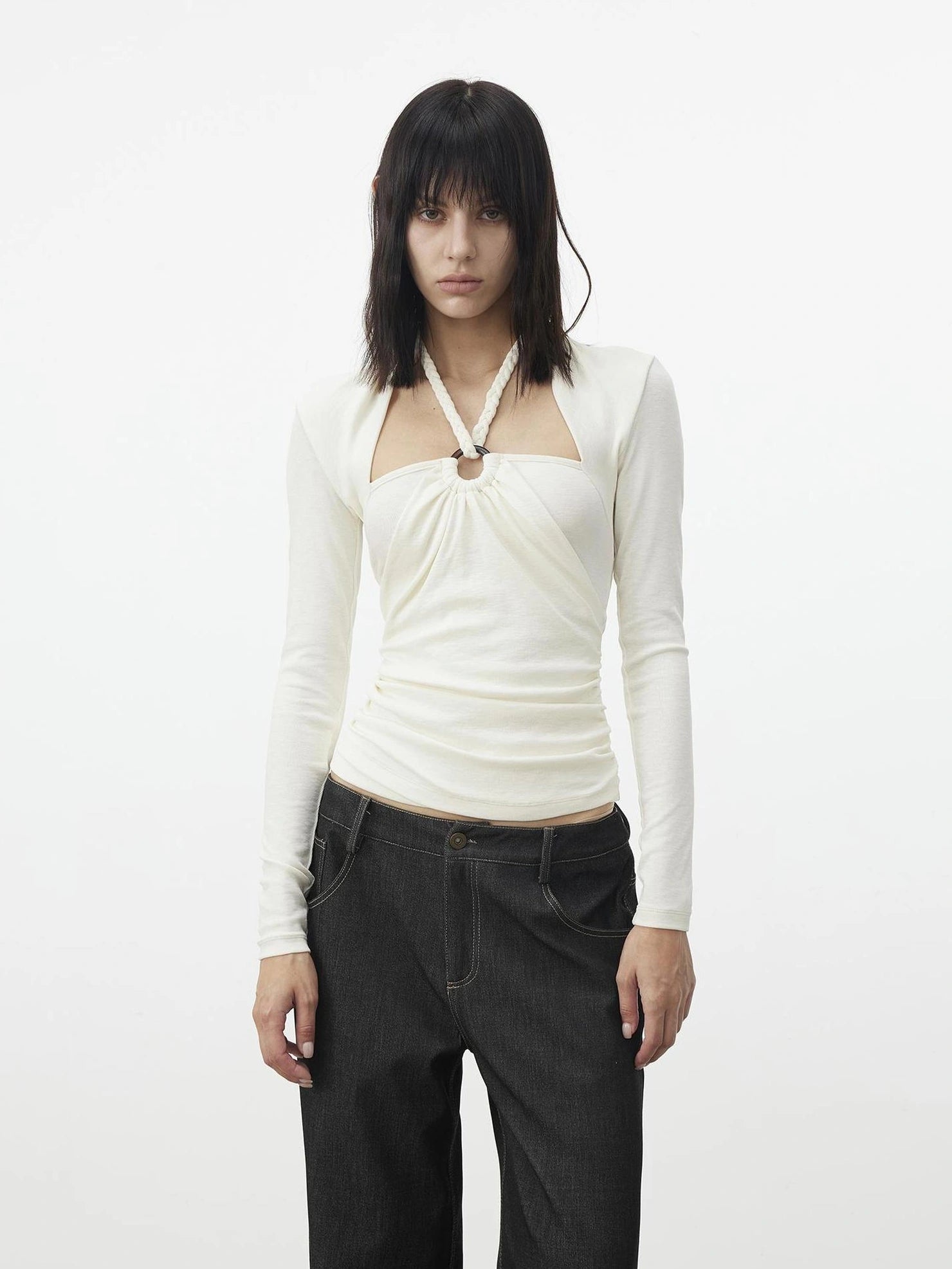 AFTADAWN Mock Neck Knit Top With Beaded Tie T-shirt