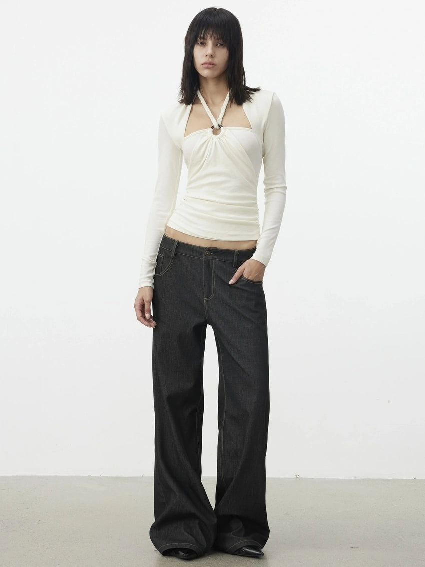 AFTADAWN Mock Neck Knit Top With Beaded Tie T-shirt