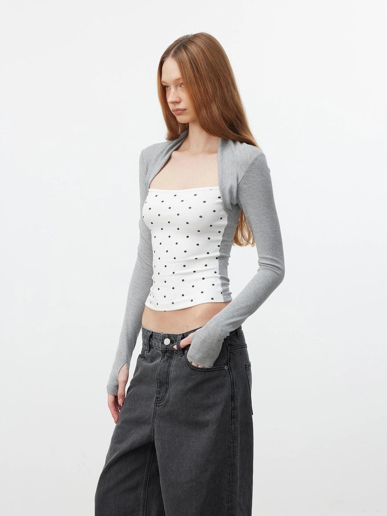 AFTADAWN Modal Layered Mock Neck Dot Blouse T-shirt