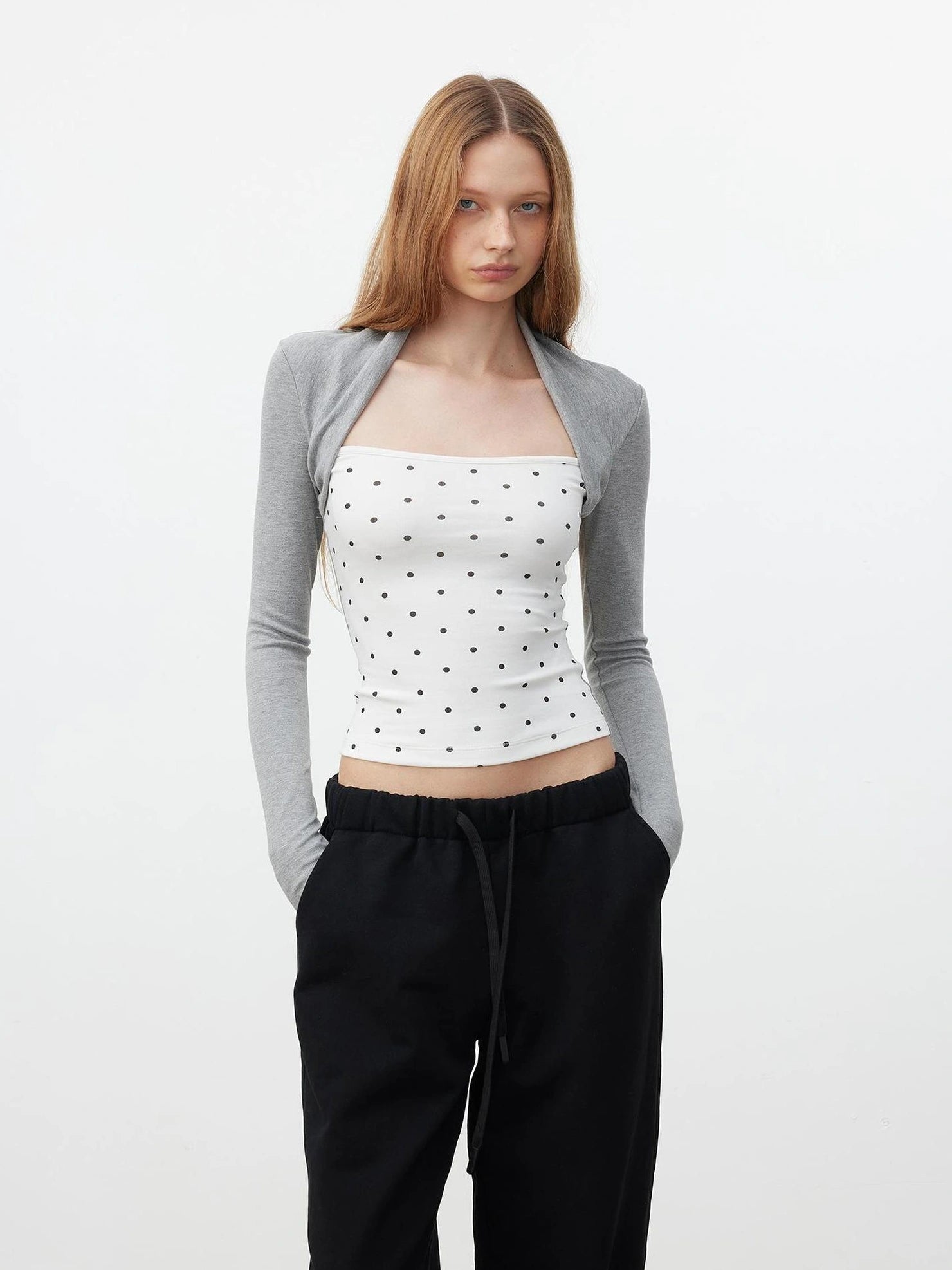 AFTADAWN Modal Layered Mock Neck Dot Blouse T-shirt
