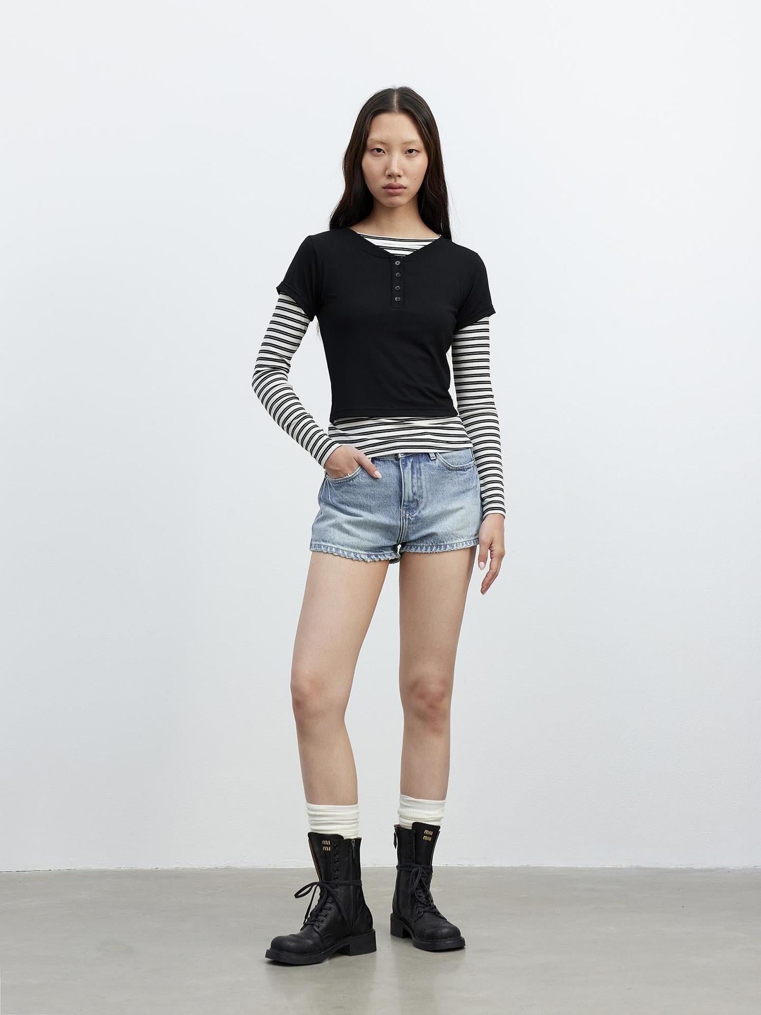 AFTADAWN Modal Striped Layered Long Sleeve T-shirt