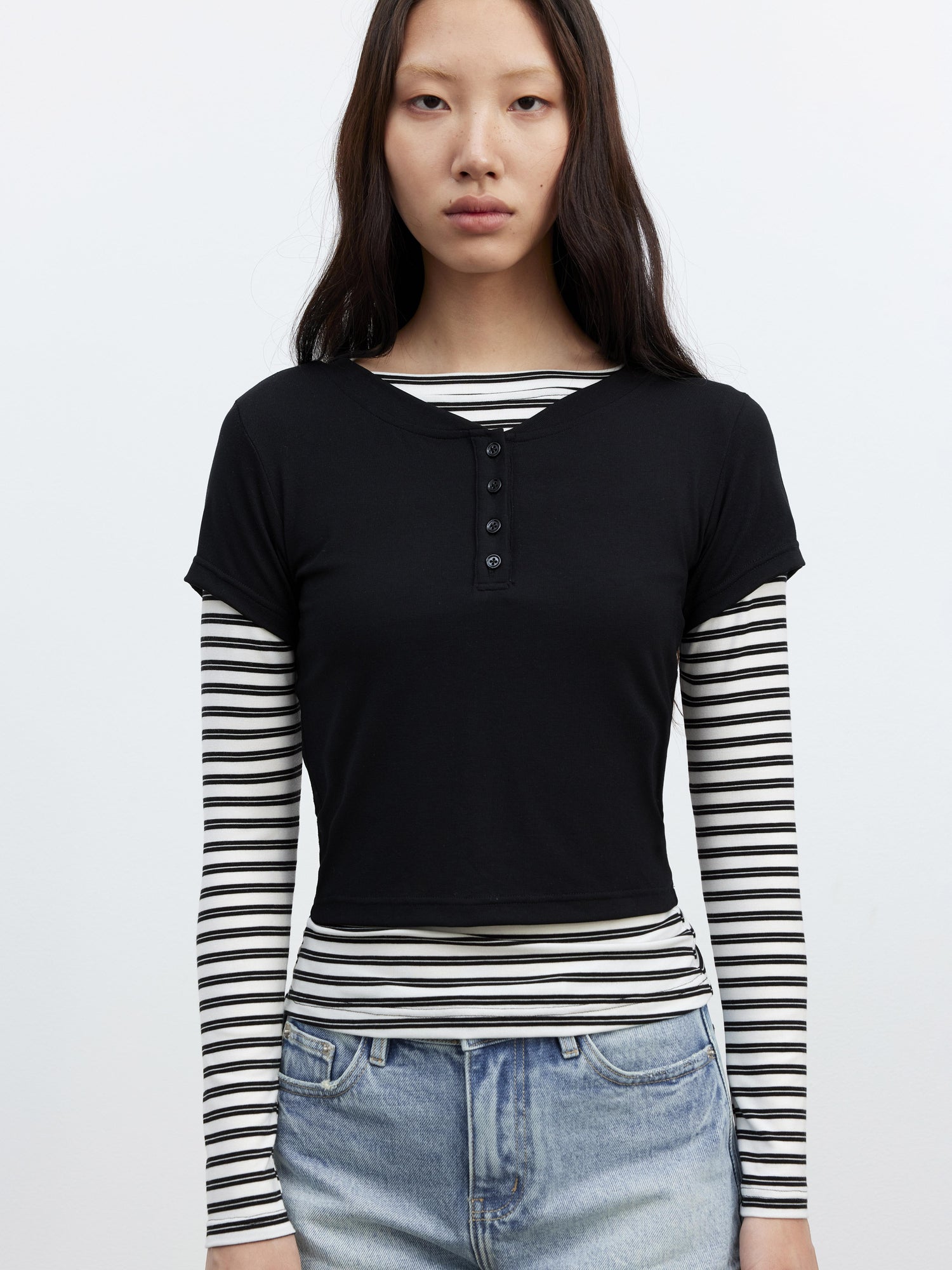 AFTADAWN Modal Striped Layered Long Sleeve T-shirt