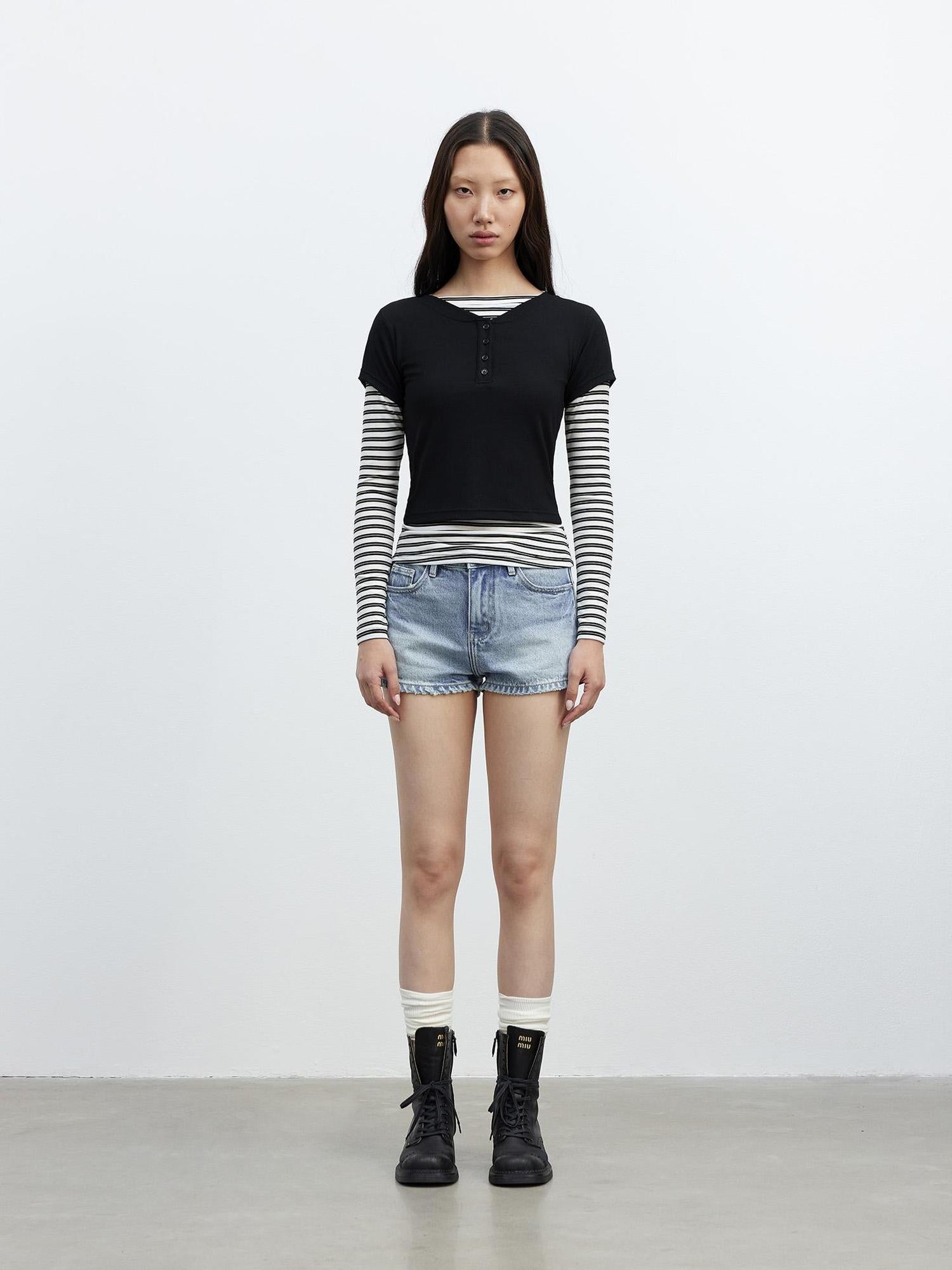 AFTADAWN Modal Striped Layered Long Sleeve T-shirt