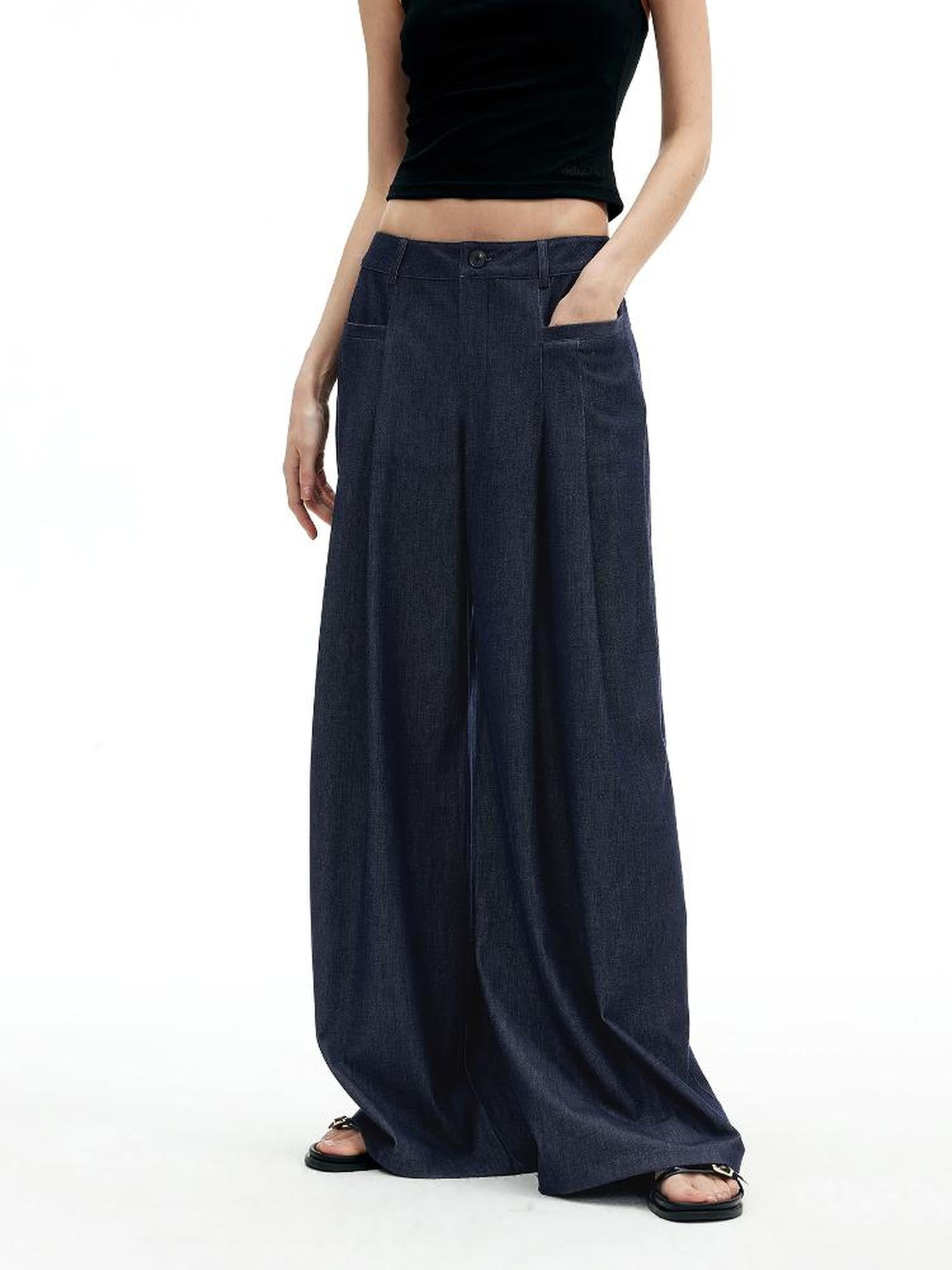 AFTADAWN Modal Twill Wide Leg Trousers With Pleated Waist