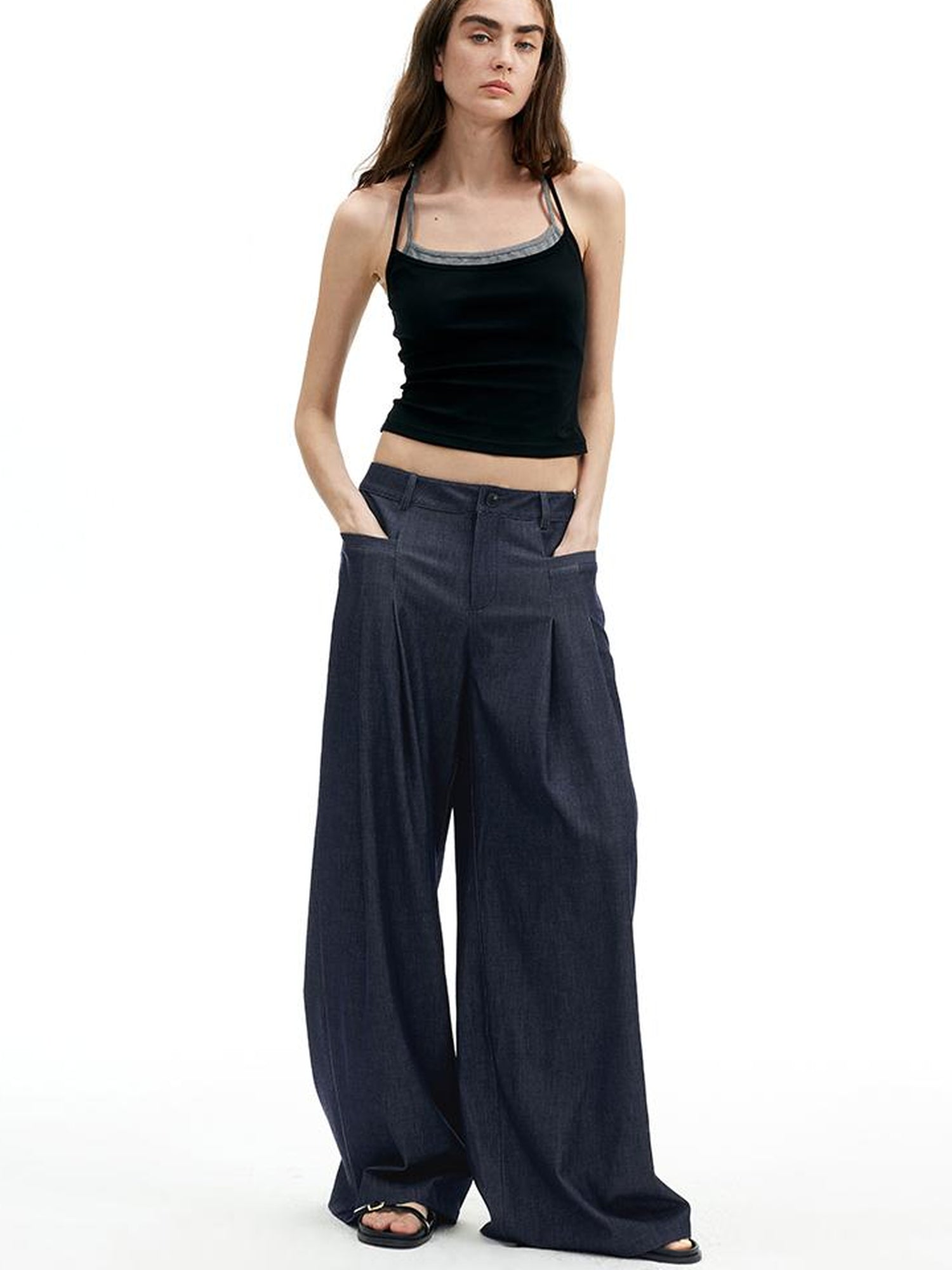 AFTADAWN Modal Twill Wide Leg Trousers With Pleated Waist