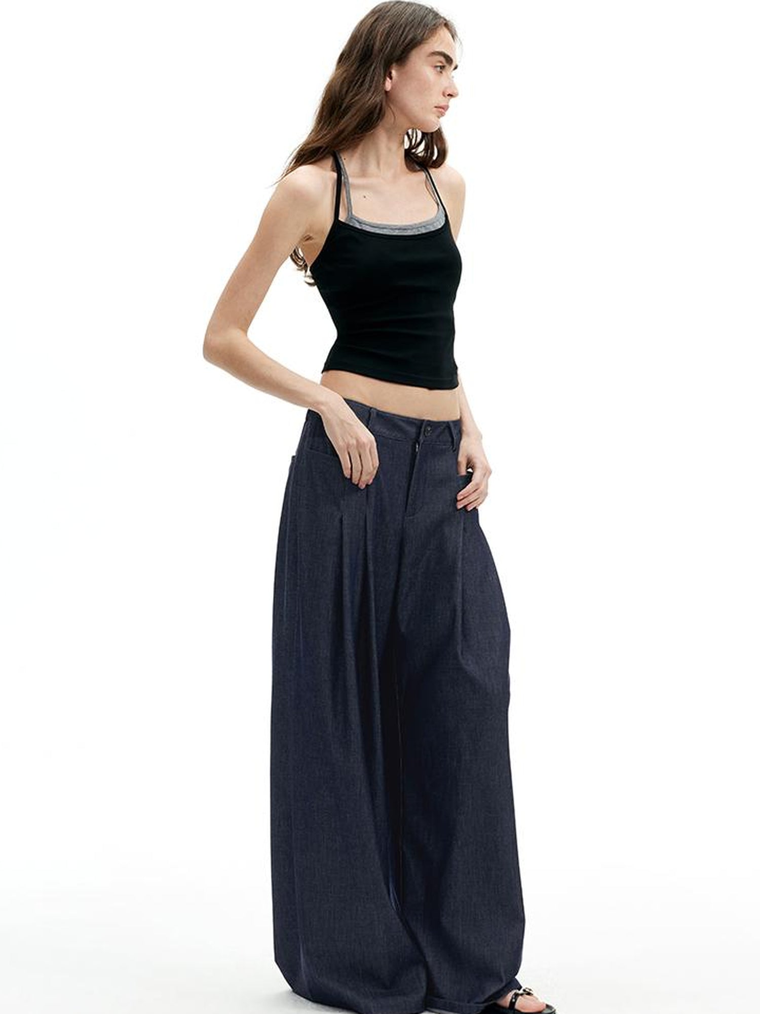 AFTADAWN Modal Twill Wide Leg Trousers With Pleated Waist