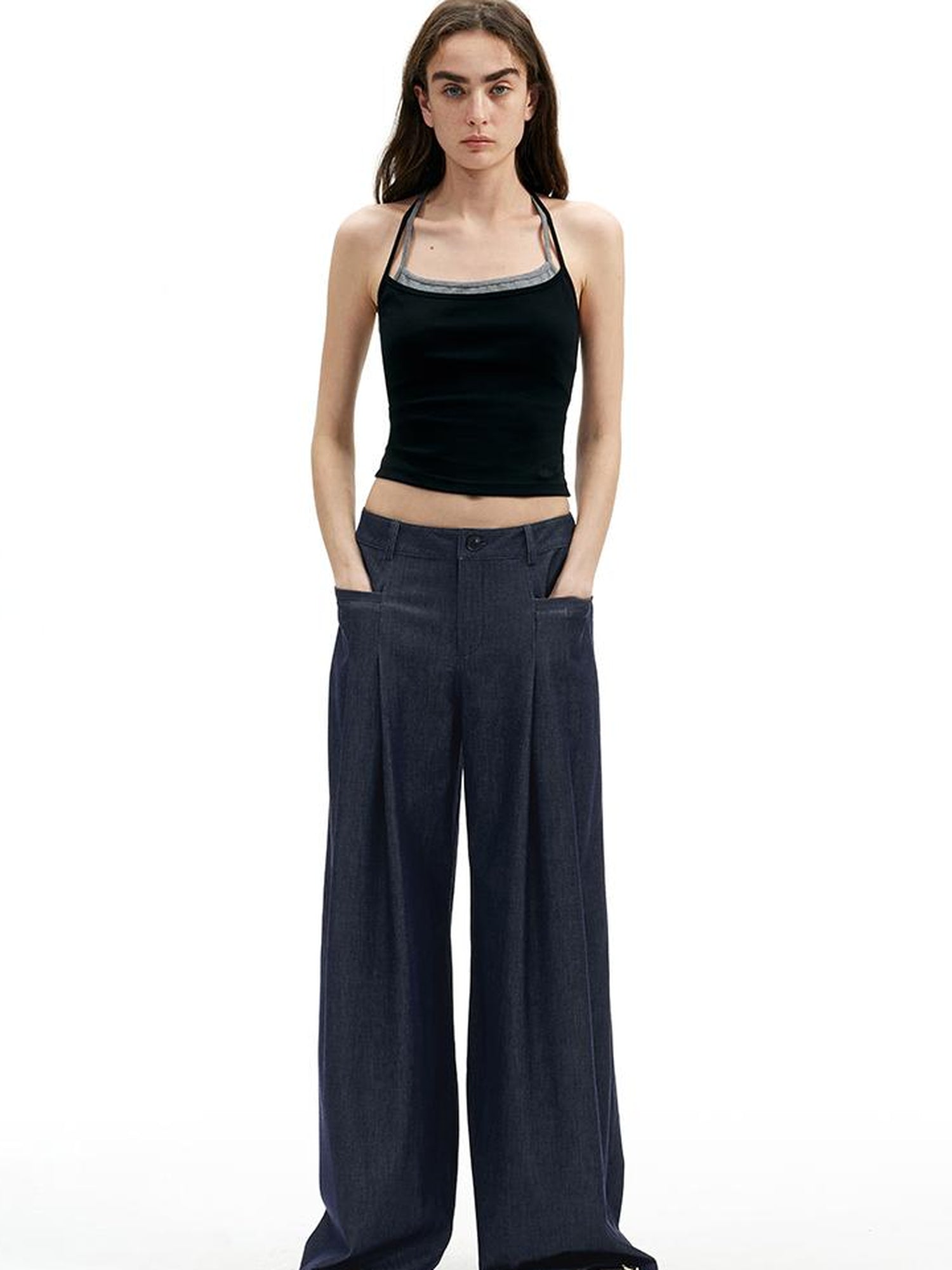AFTADAWN Modal Twill Wide Leg Trousers With Pleated Waist