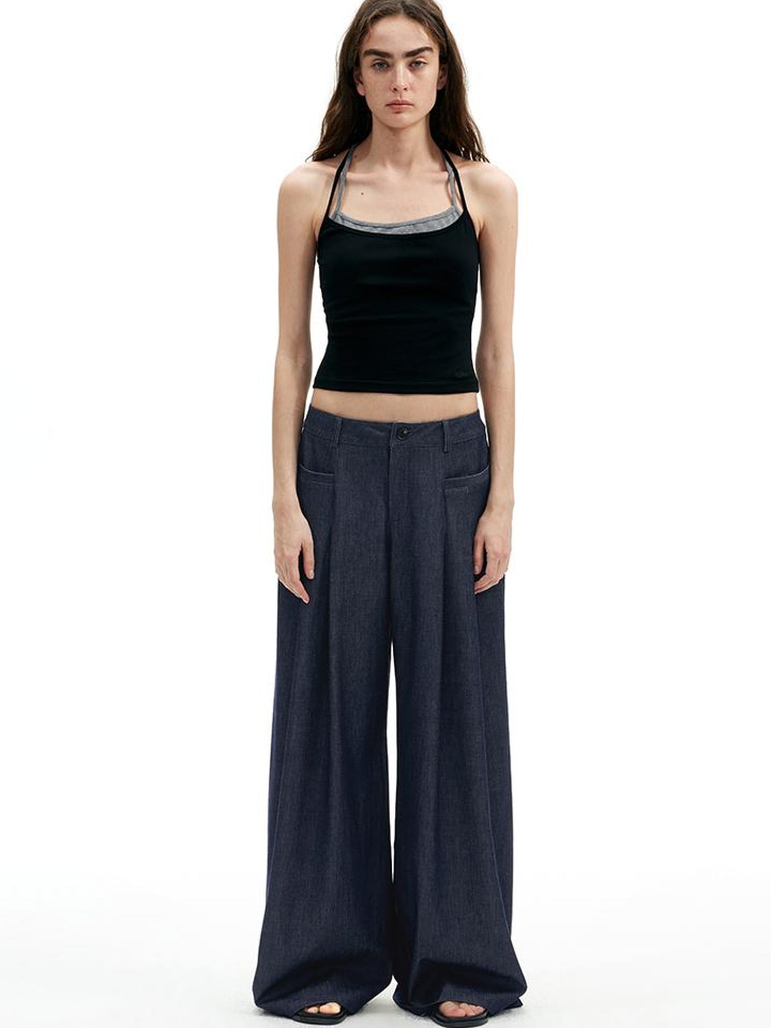 AFTADAWN Modal Twill Wide Leg Trousers With Pleated Waist