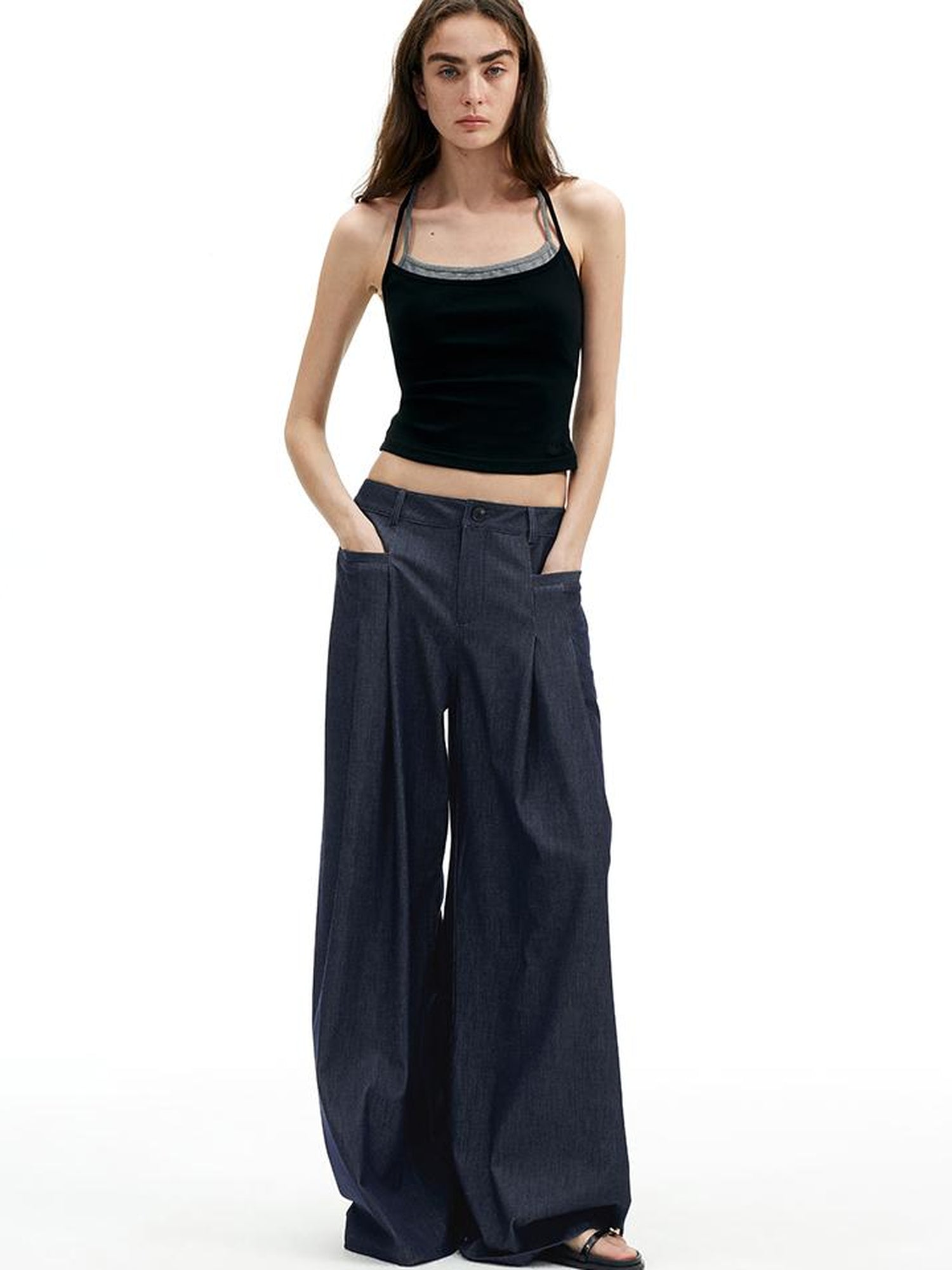 AFTADAWN Modal Twill Wide Leg Trousers With Pleated Waist