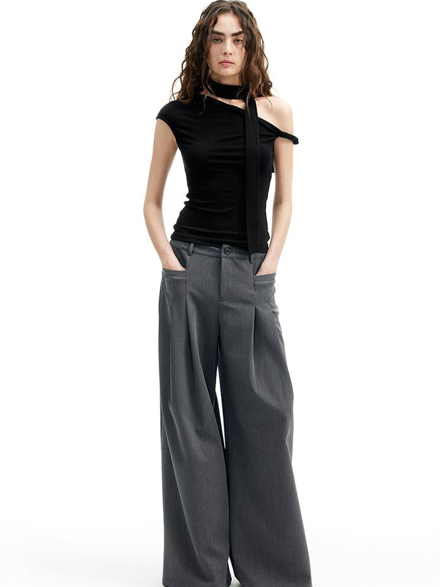 AFTADAWN Modal Twill Wide Leg Trousers With Pleated Waist