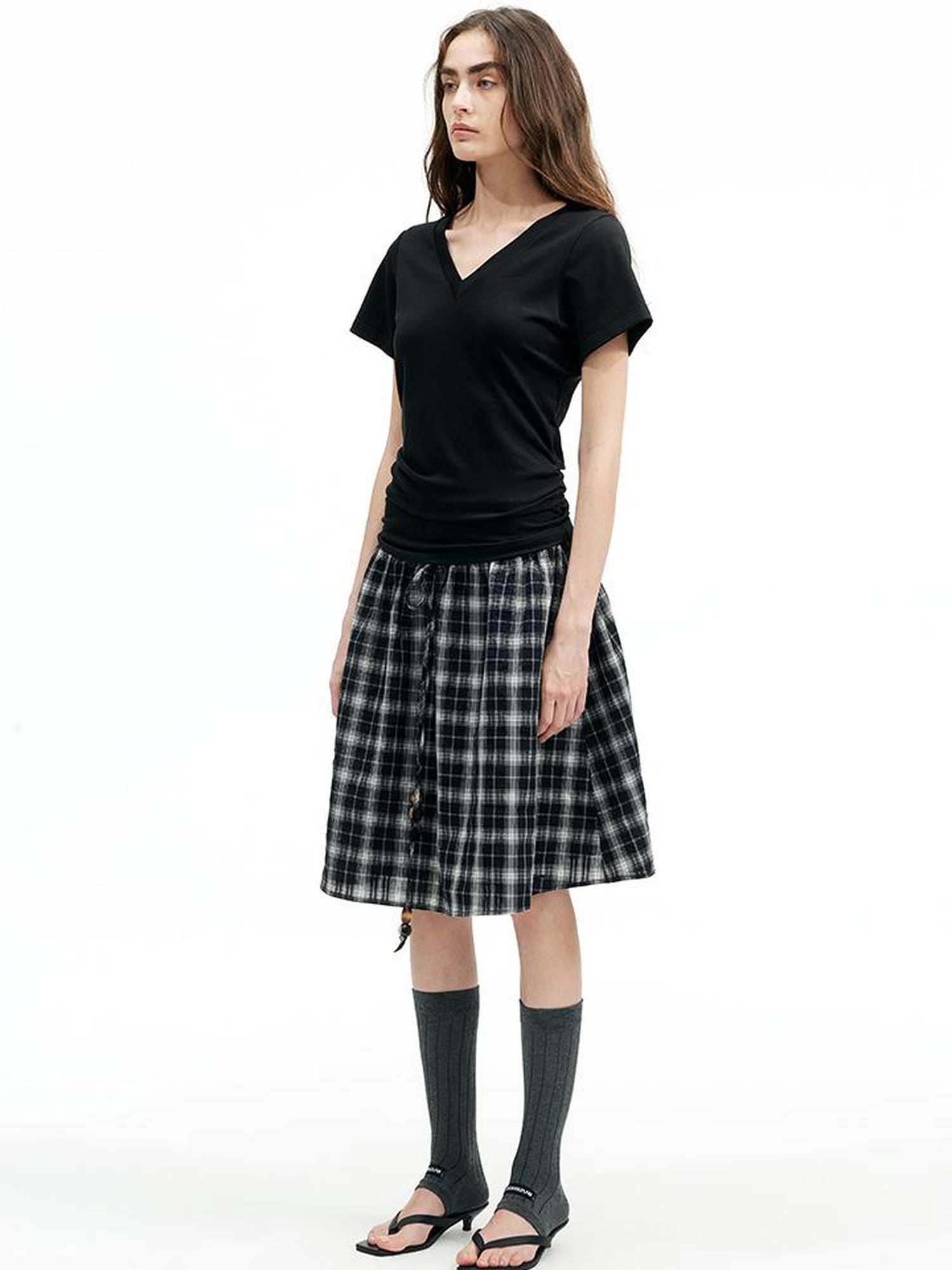 AFTADAWN Modal V-Neck Reversible Layered Waist T-Shirt