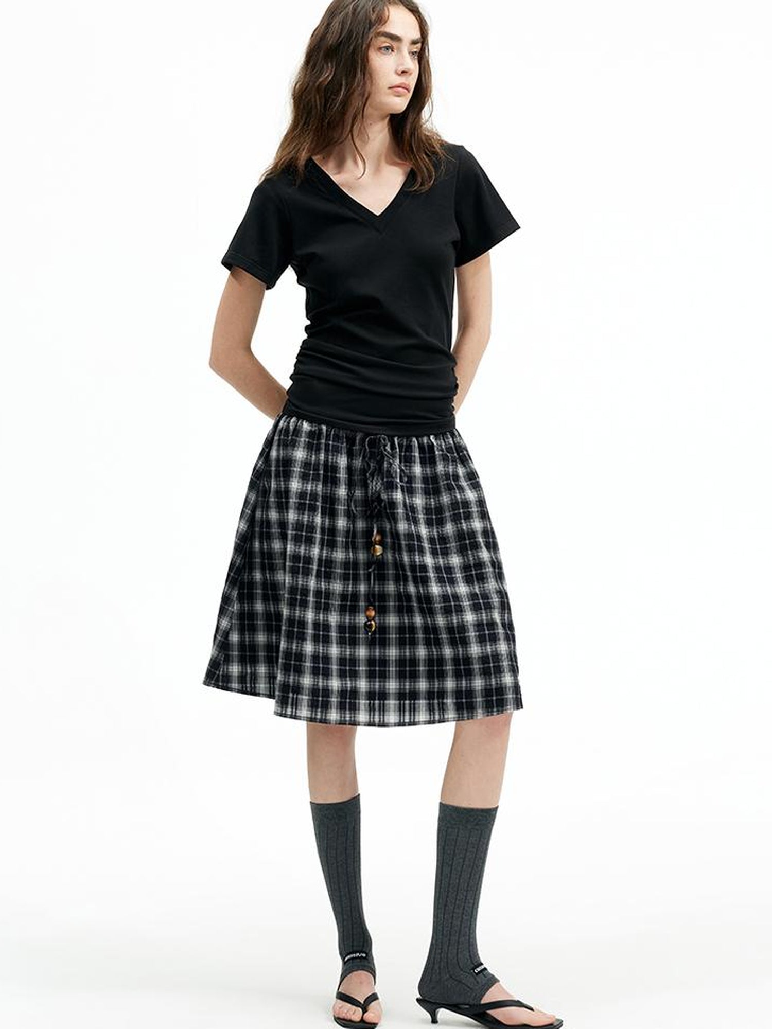 AFTADAWN Modal V-Neck Reversible Layered Waist T-Shirt