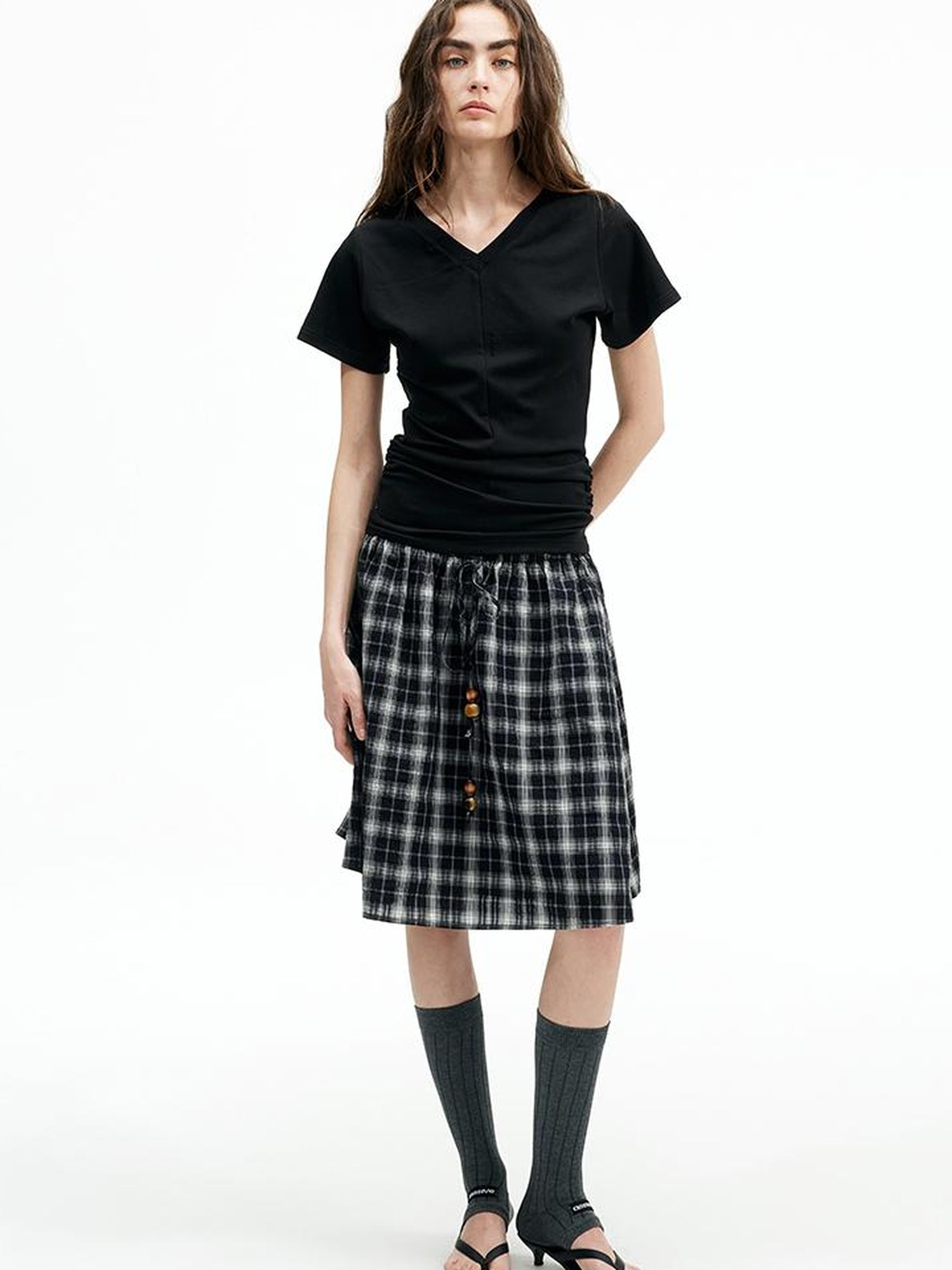 AFTADAWN Modal V-Neck Reversible Layered Waist T-Shirt