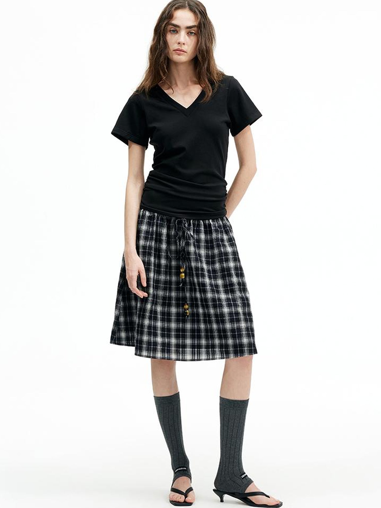 AFTADAWN Modal V-Neck Reversible Layered Waist T-Shirt