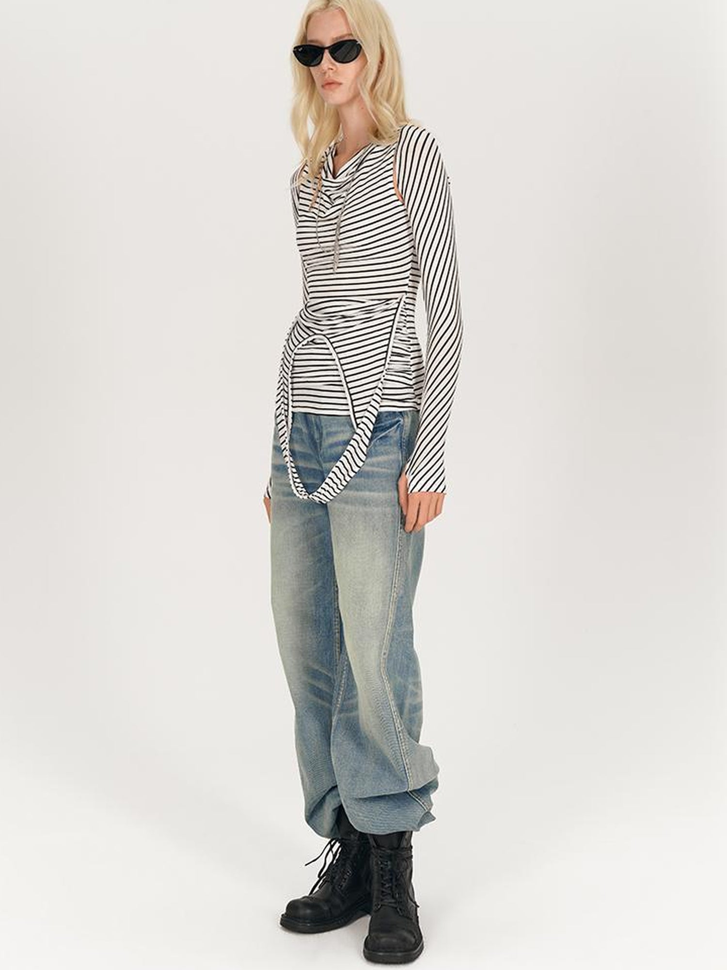 AFTADAWN Multi Way Draped Neckline Striped Lyocell Tee