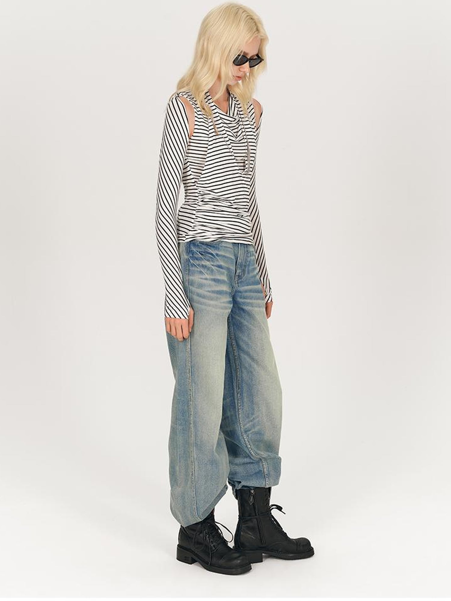 AFTADAWN Multi Way Draped Neckline Striped Lyocell Tee