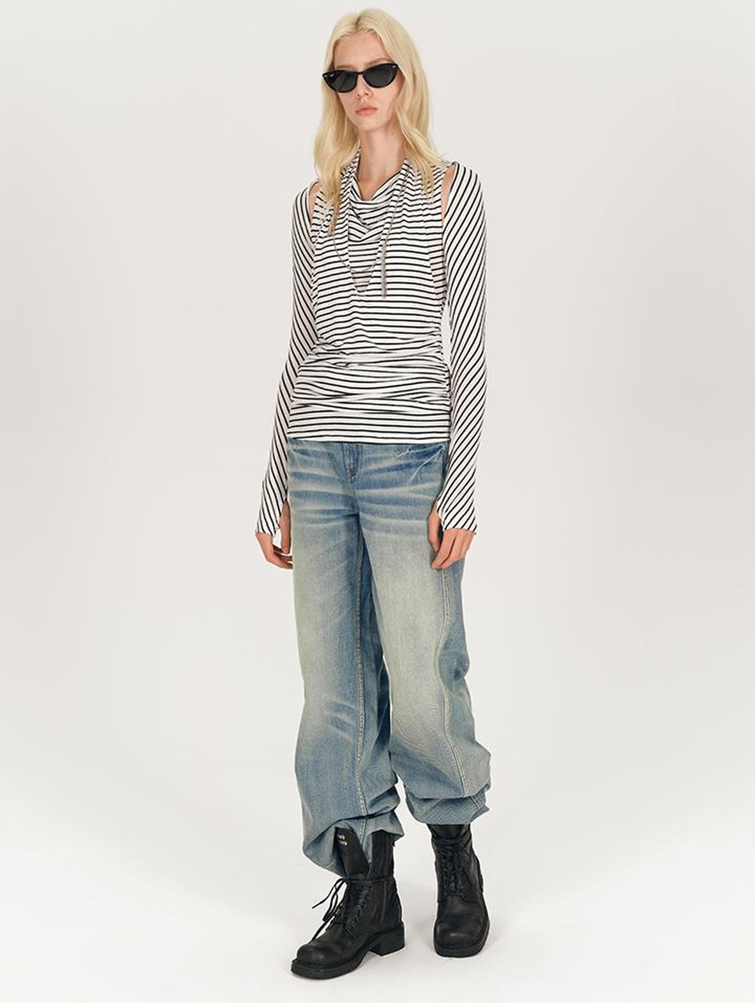 AFTADAWN Multi Way Draped Neckline Striped Lyocell Tee