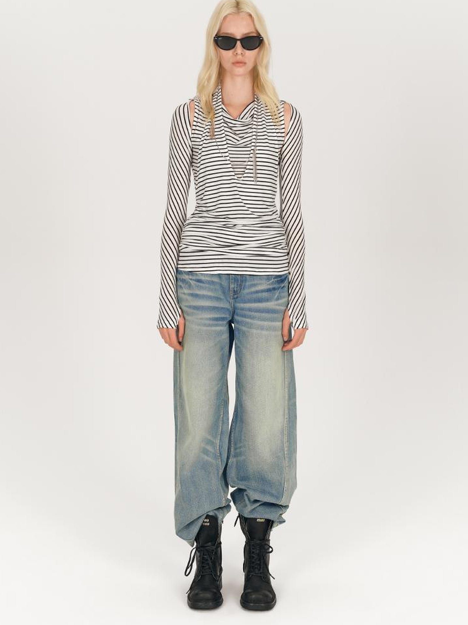 AFTADAWN Multi Way Draped Neckline Striped Lyocell Tee