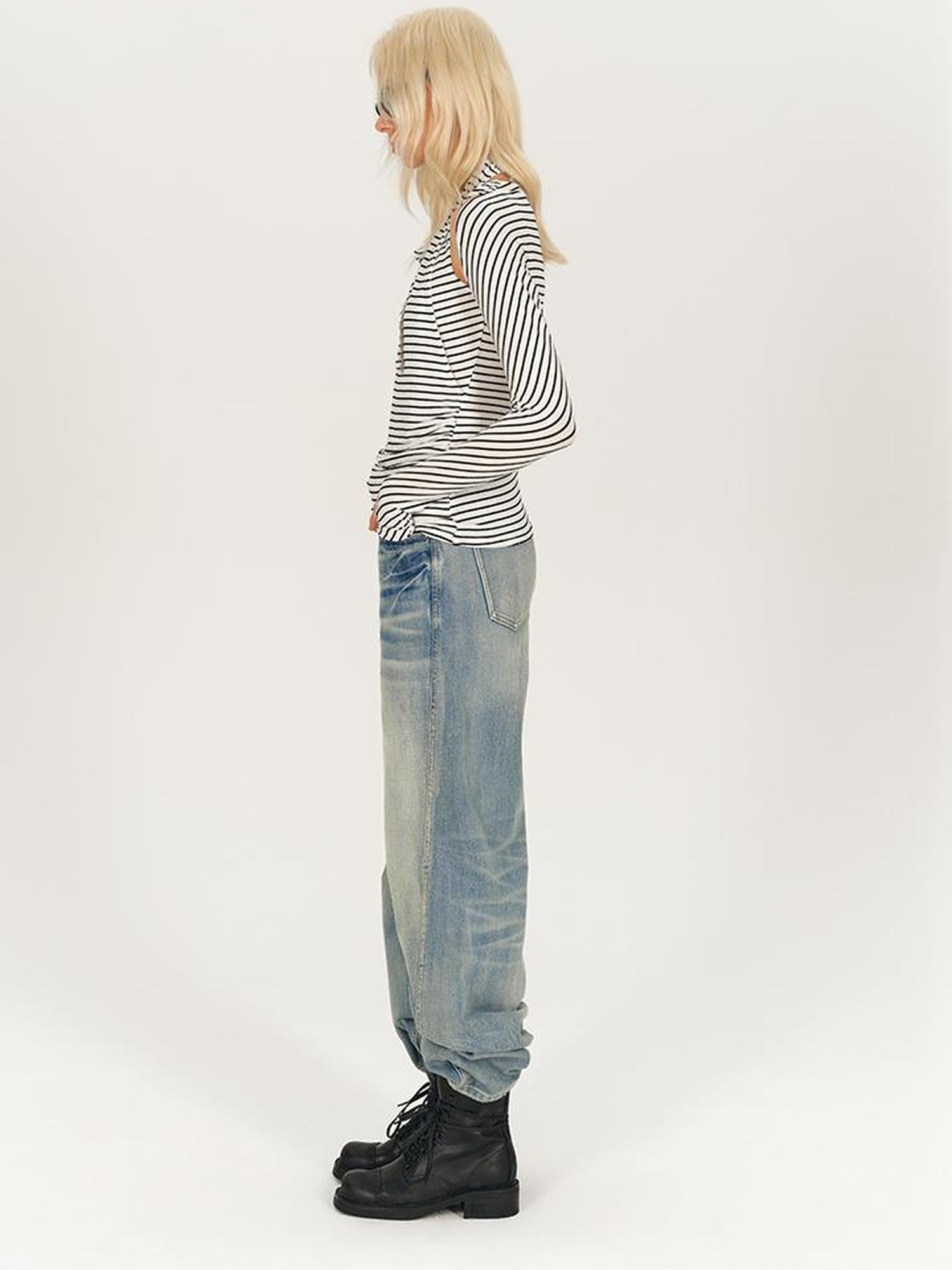 AFTADAWN Multi Way Draped Neckline Striped Lyocell Tee