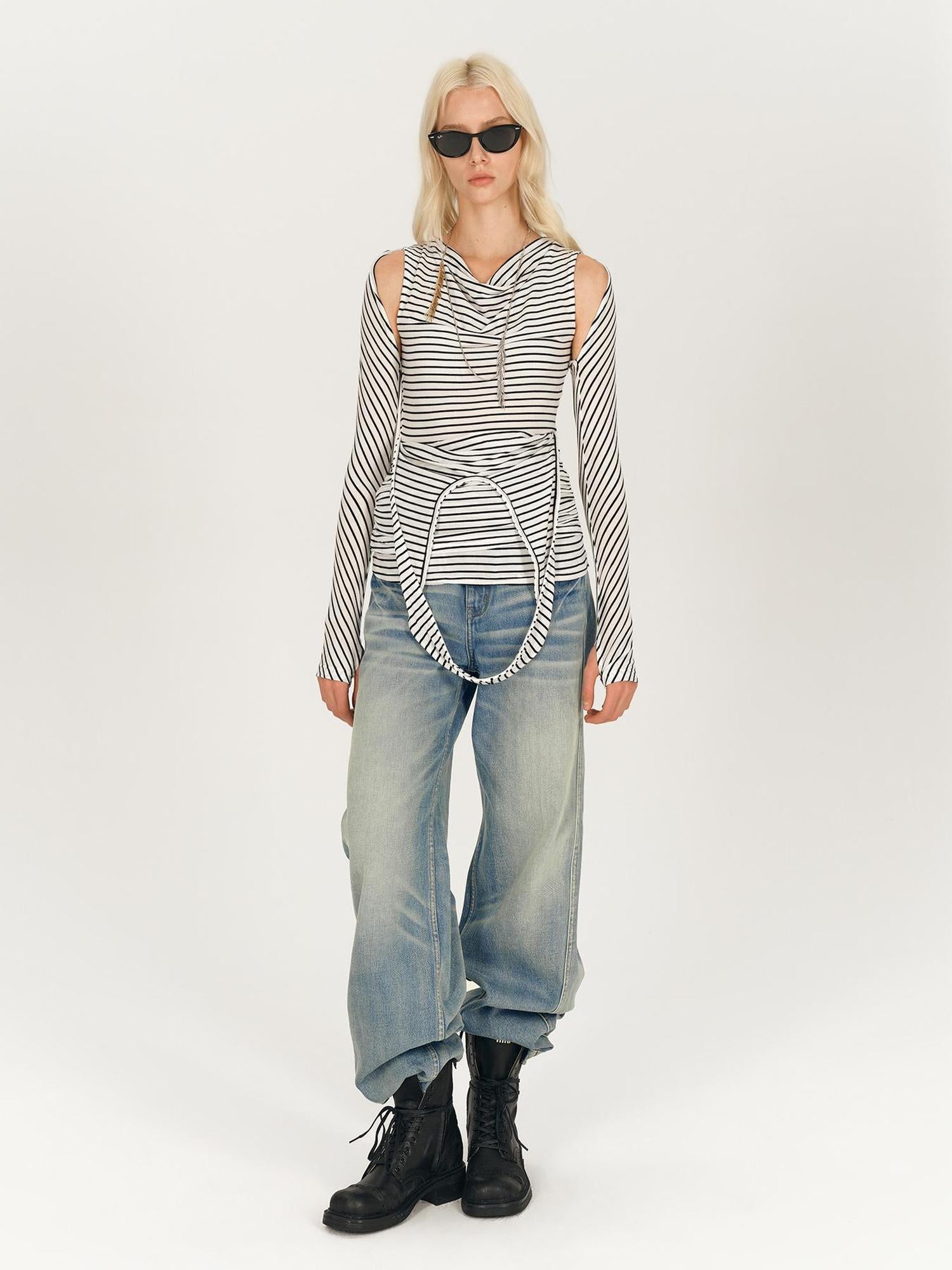 AFTADAWN Multi Way Draped Neckline Striped Lyocell Tee