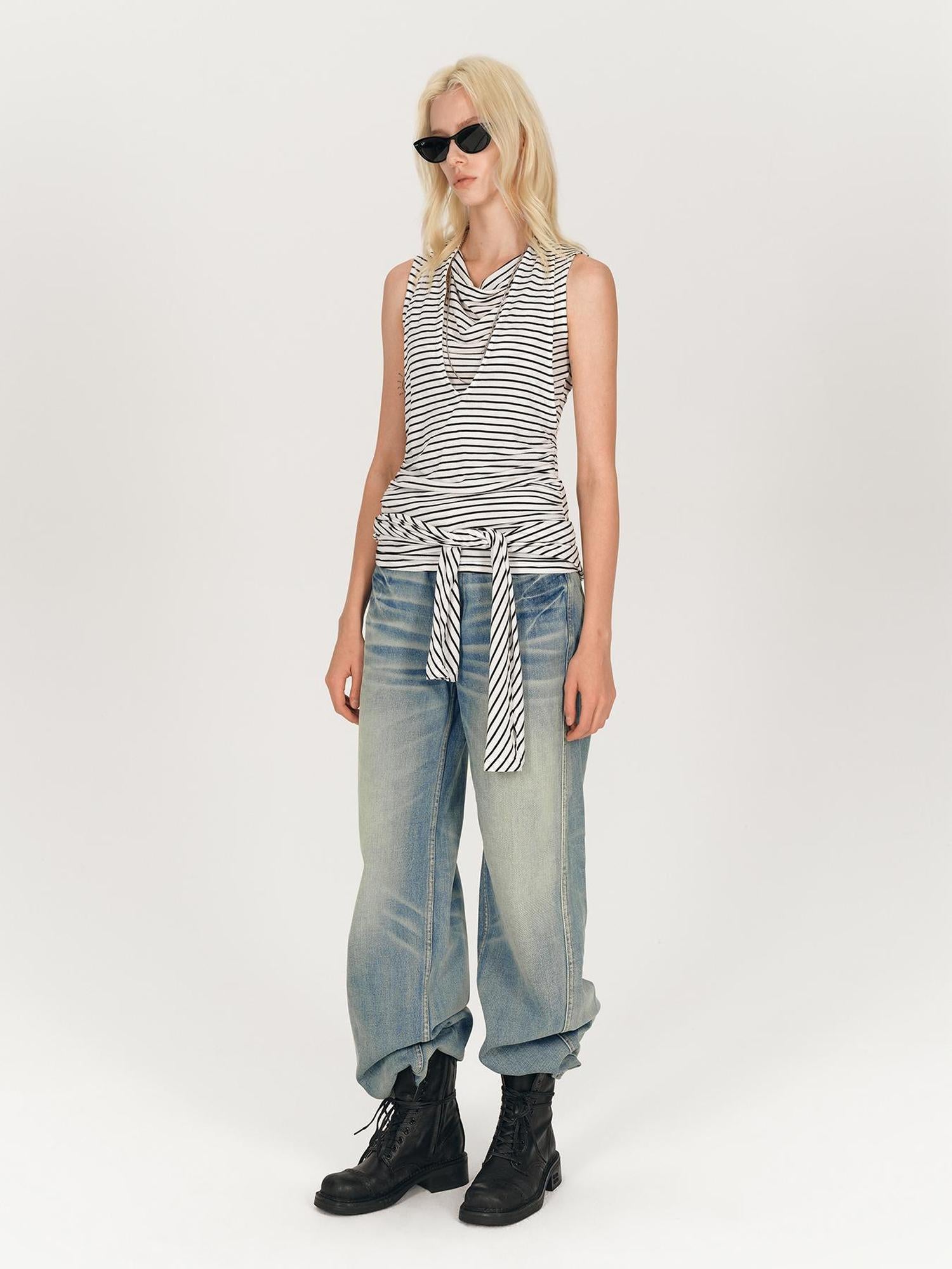 AFTADAWN Multi Way Draped Neckline Striped Lyocell Tee