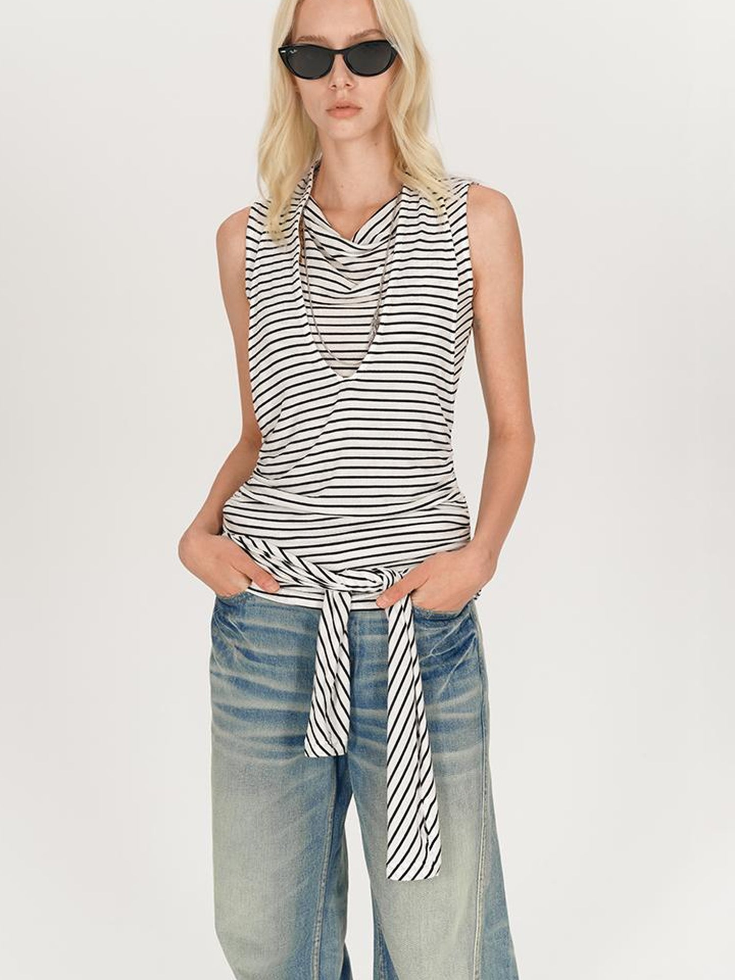 AFTADAWN Multi Way Draped Neckline Striped Lyocell Tee