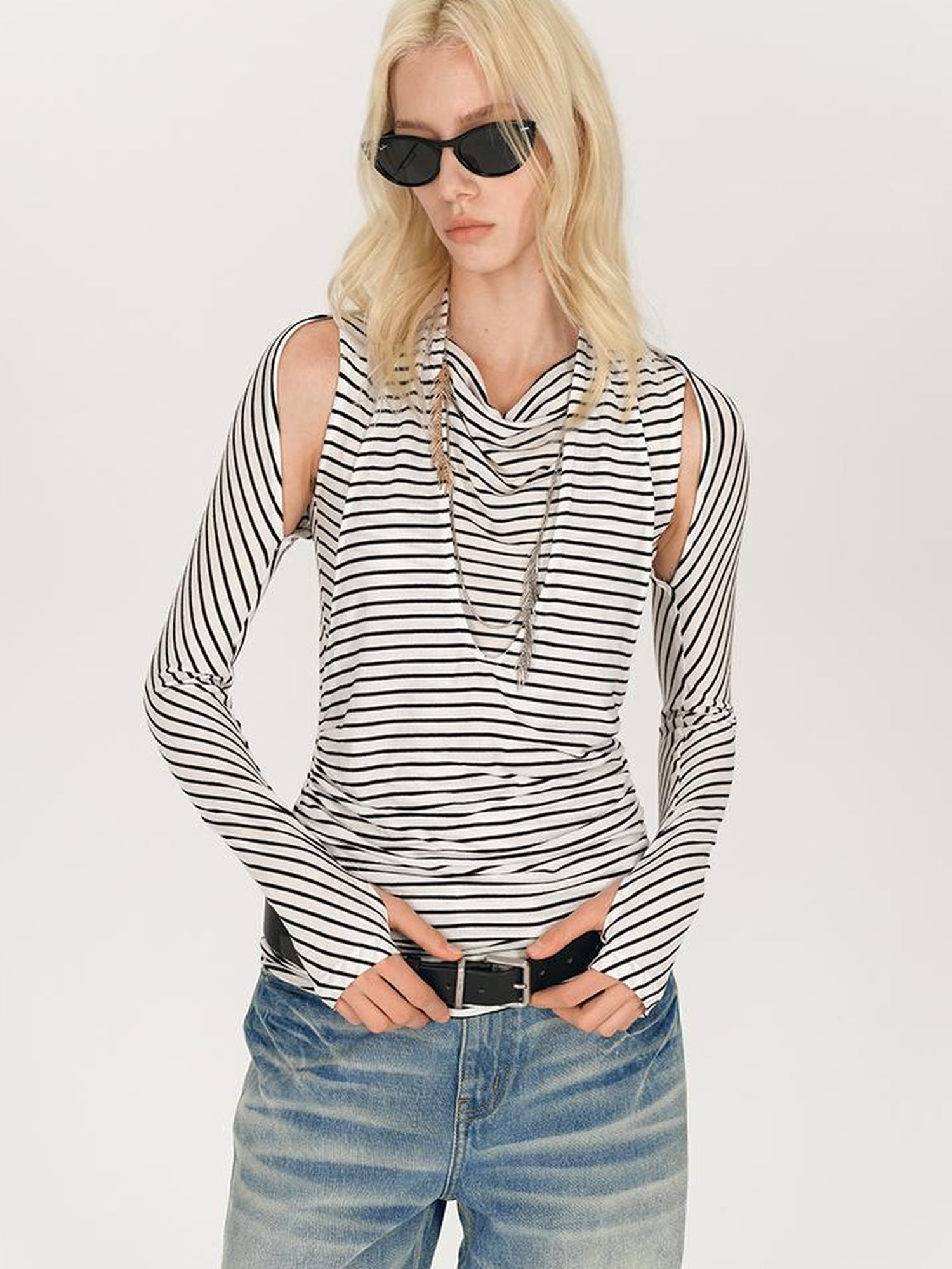 AFTADAWN Multi Way Draped Neckline Striped Lyocell Tee