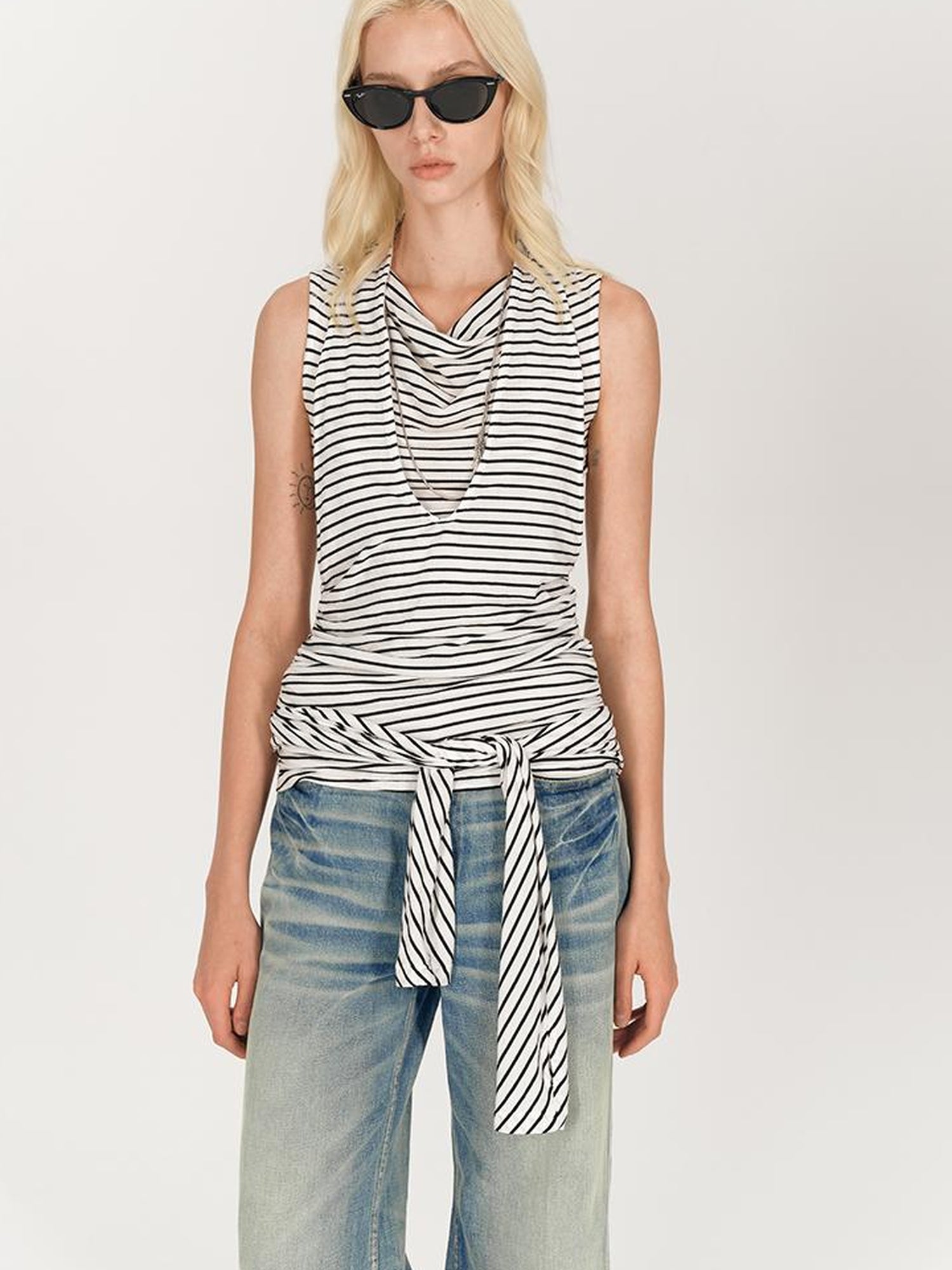 AFTADAWN Multi Way Draped Neckline Striped Lyocell Tee