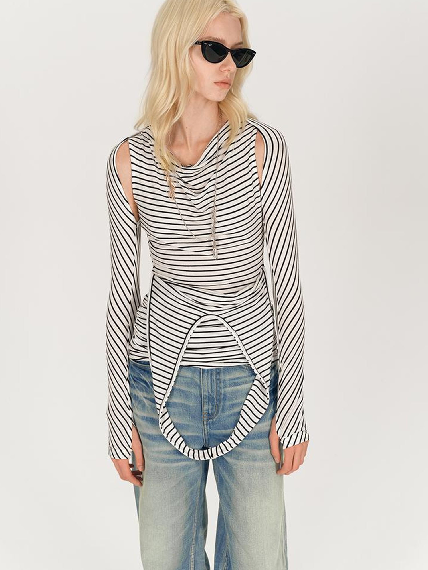 AFTADAWN Multi Way Draped Neckline Striped Lyocell Tee
